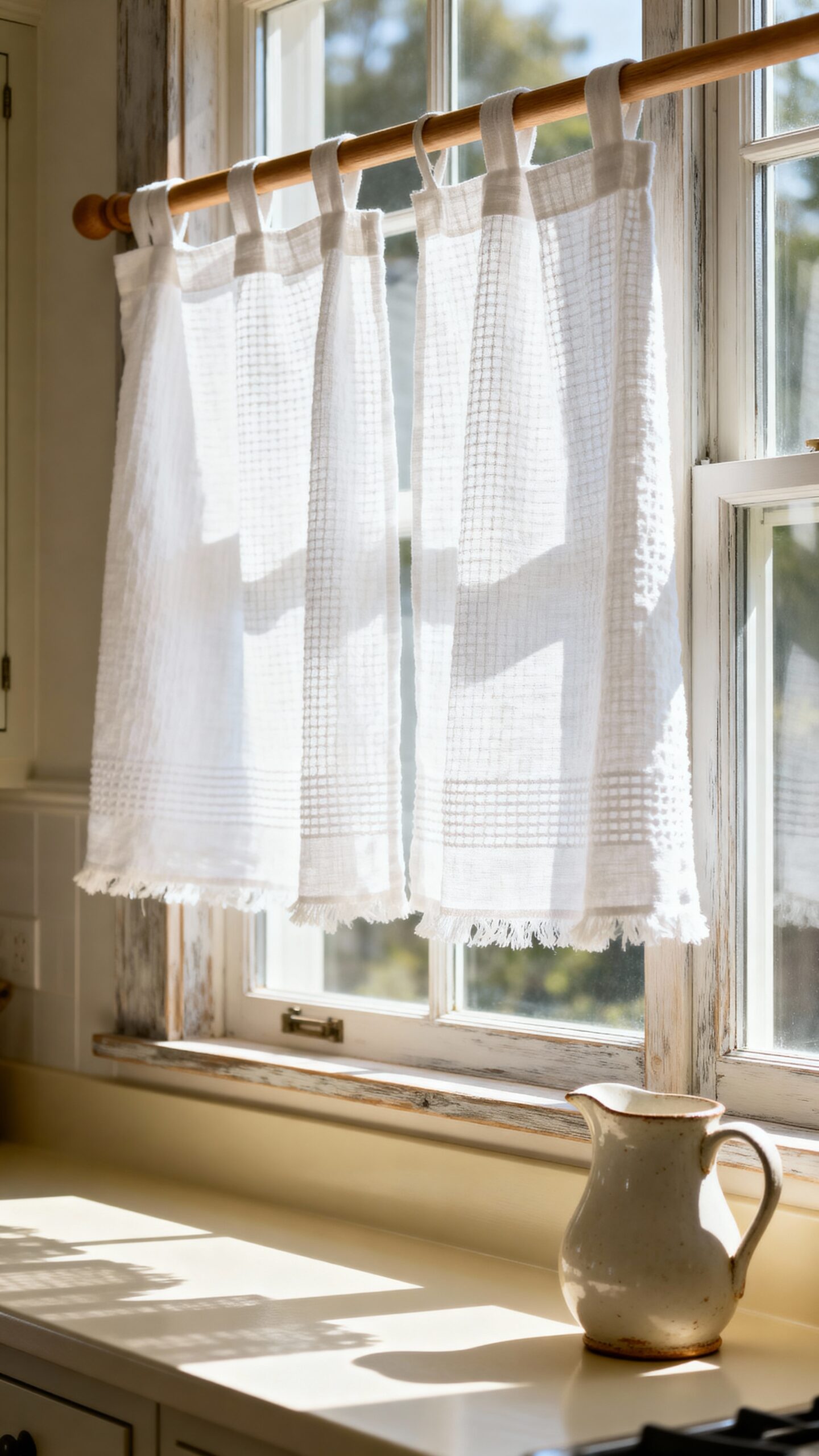 vintage dish towels as window curtains