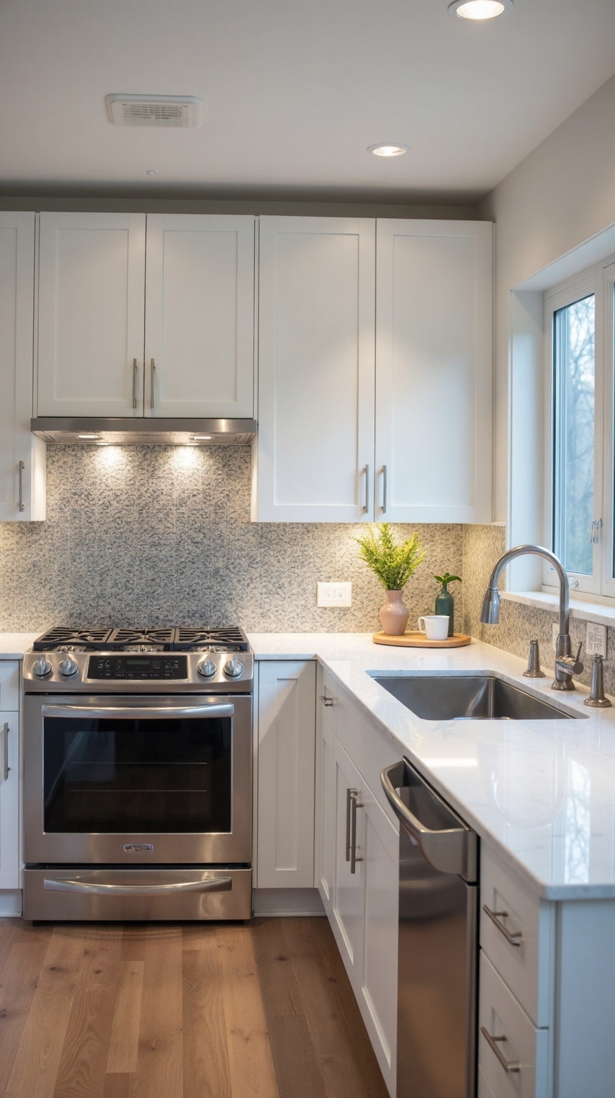 visually expansive mirrored kitchen backsplash