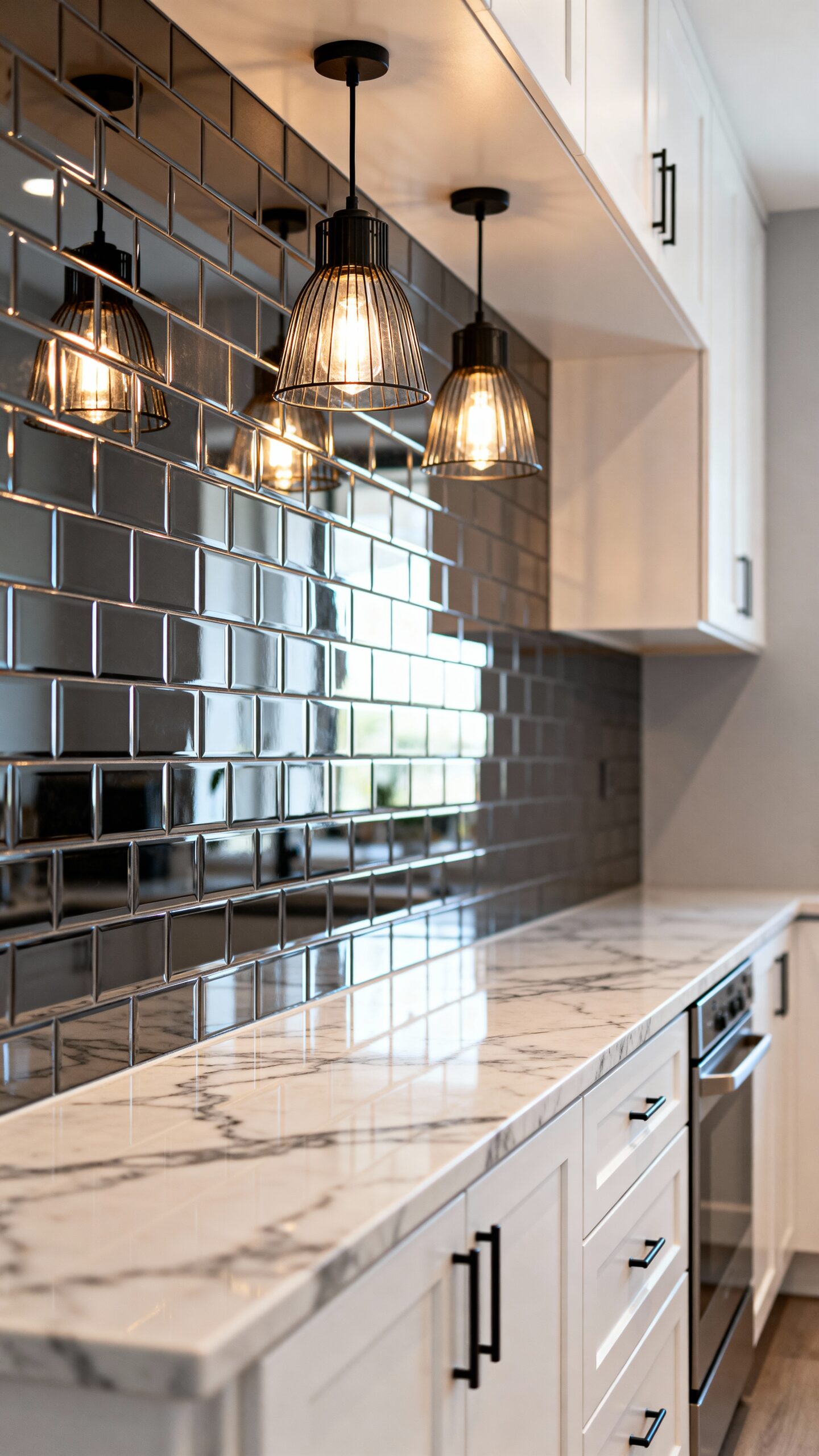 visually expansive mirrored kitchen backsplashes