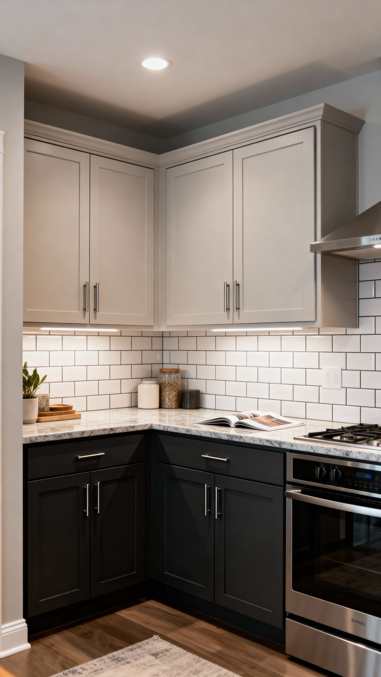 visually expansive two tone grey cabinets