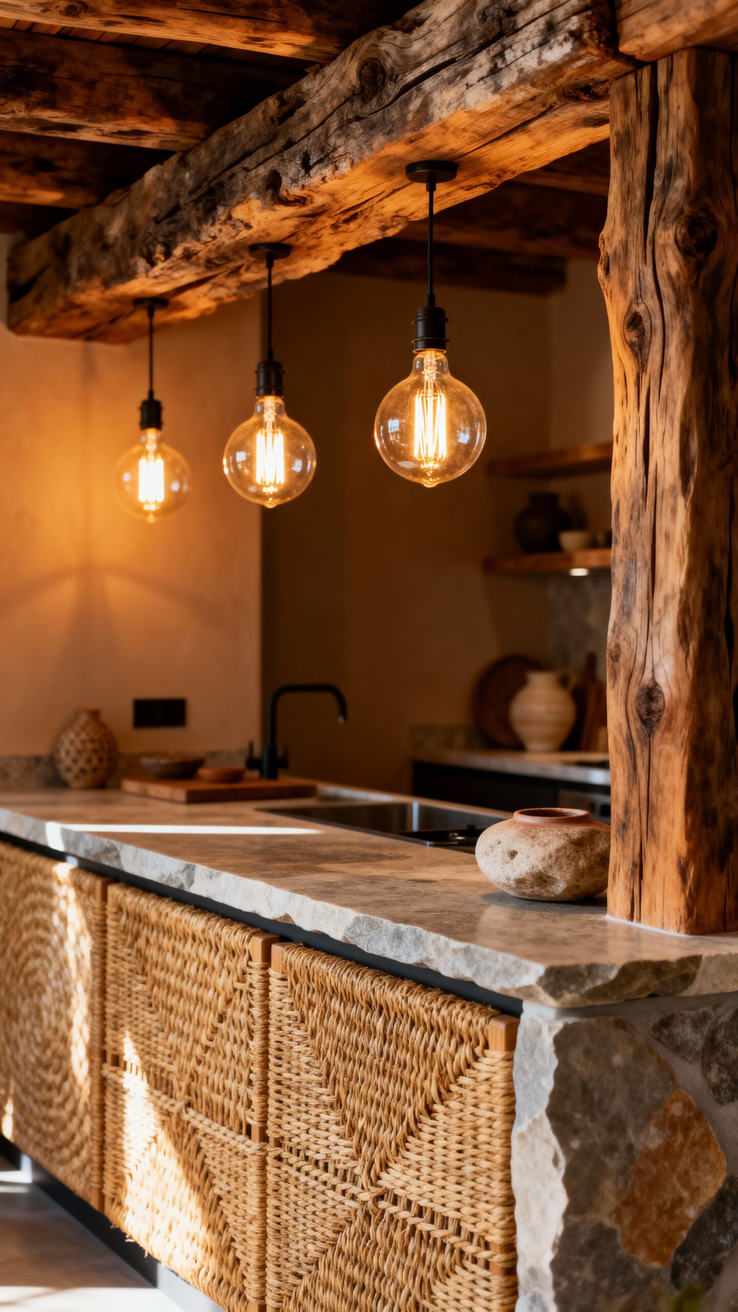 warm ambient rustic boho kitchen lighting