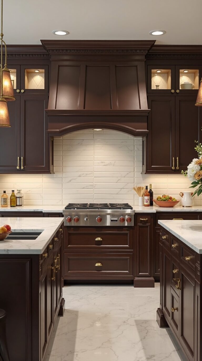 warm kitchen backsplash for brown cabinets
