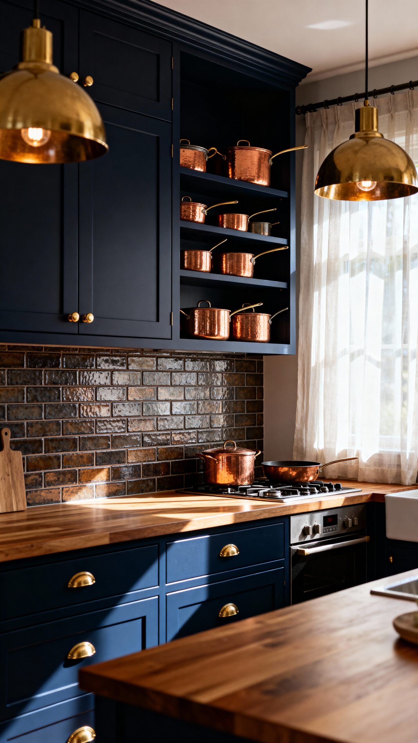 warm metallic hardware dark cabinets visual contrast
