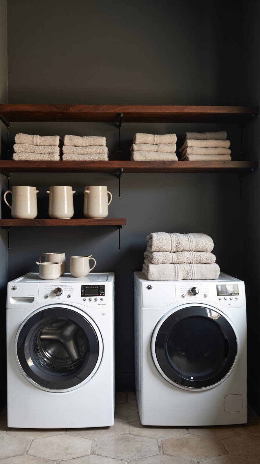 warm rustic laundry room storage
