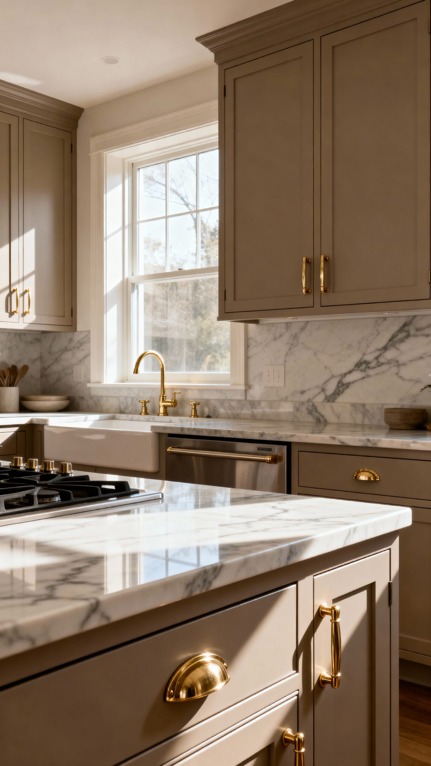 warm sophisticated greige cabinets with brass