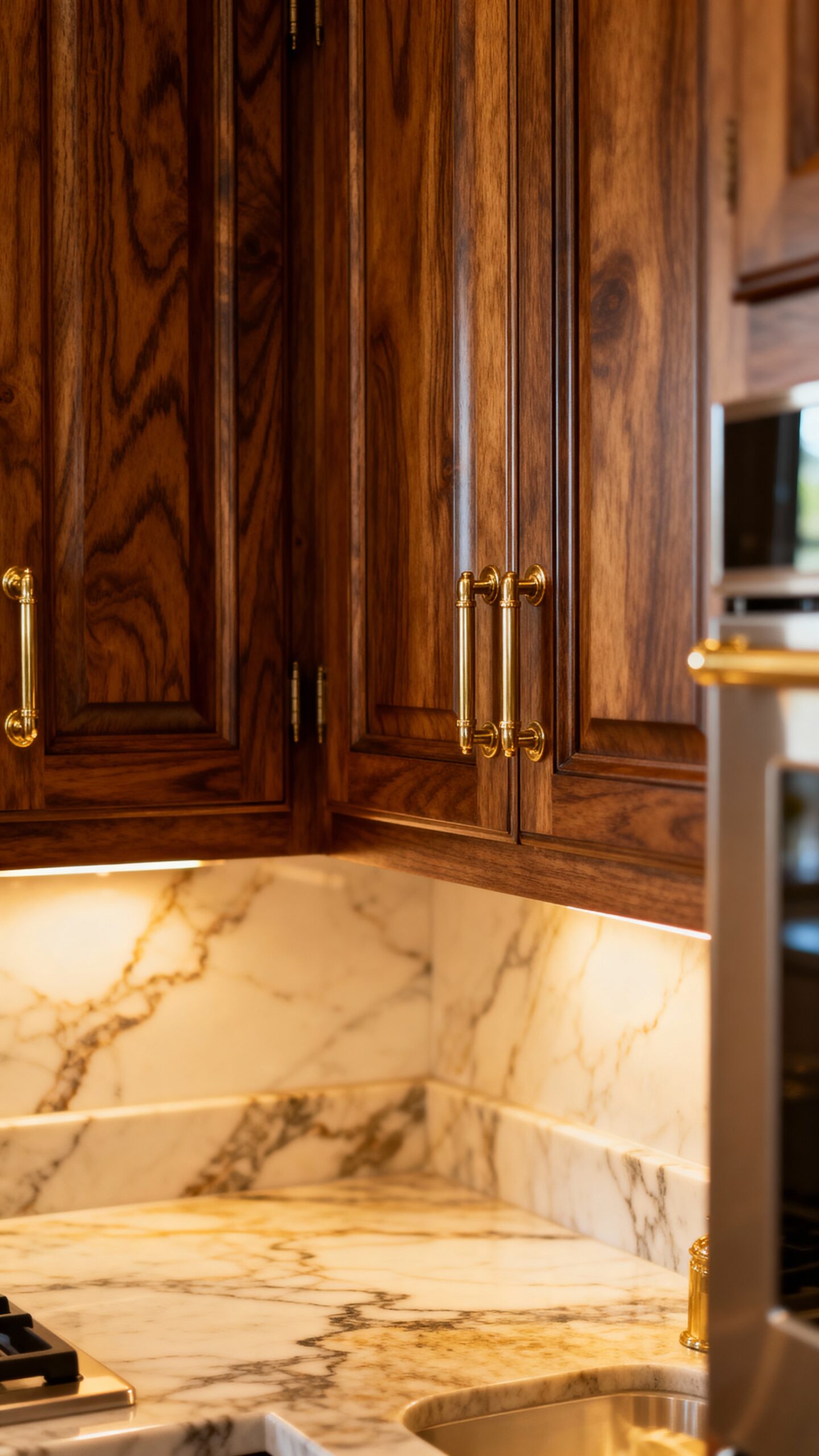 warm textured sophisticated coffee stained oak cabinets