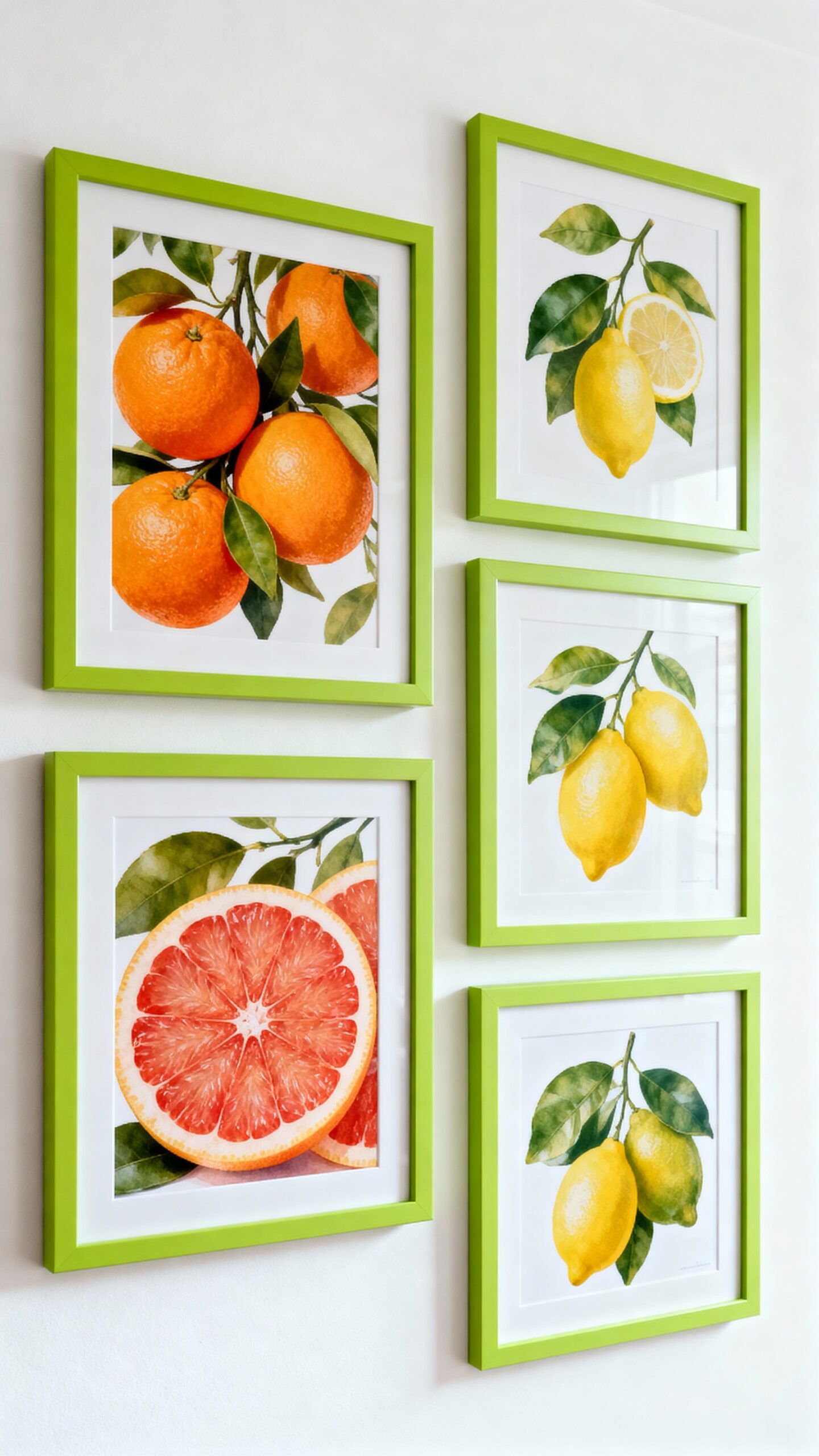 citrus themed gallery wall with lively frames