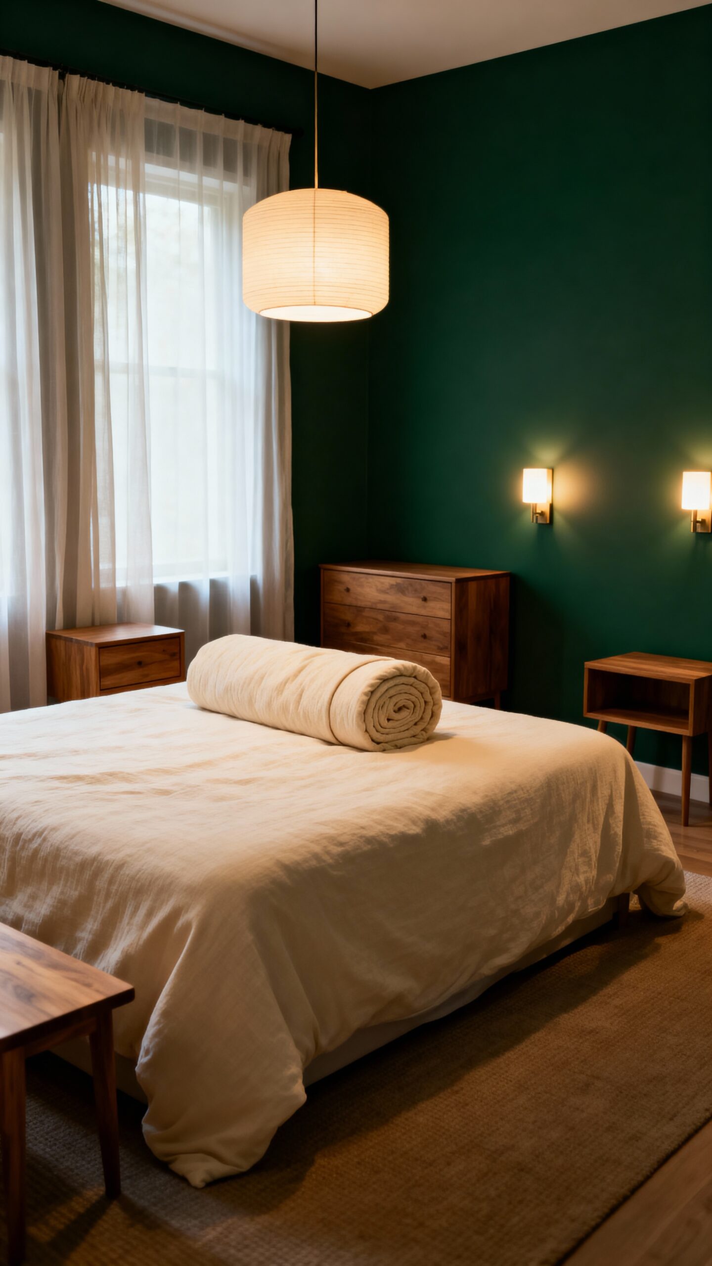 cozy and elegant forest green bedroom