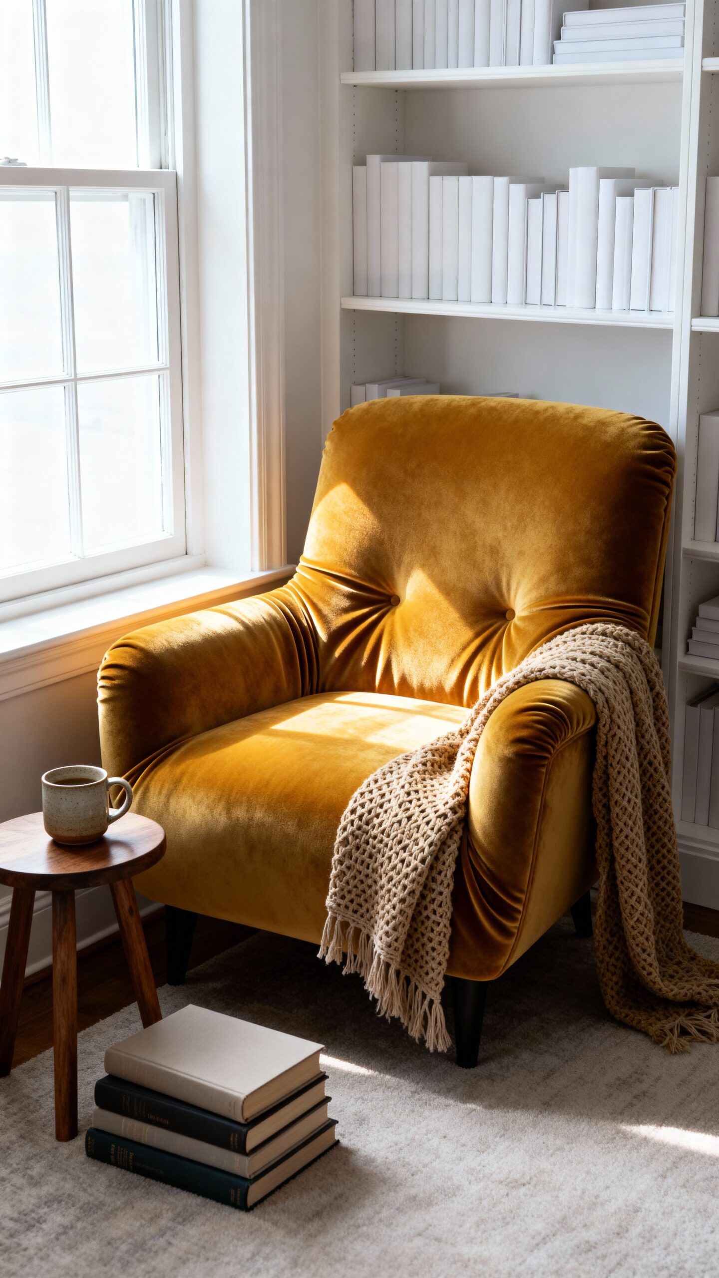 cozy inviting mustard yellow reading nook