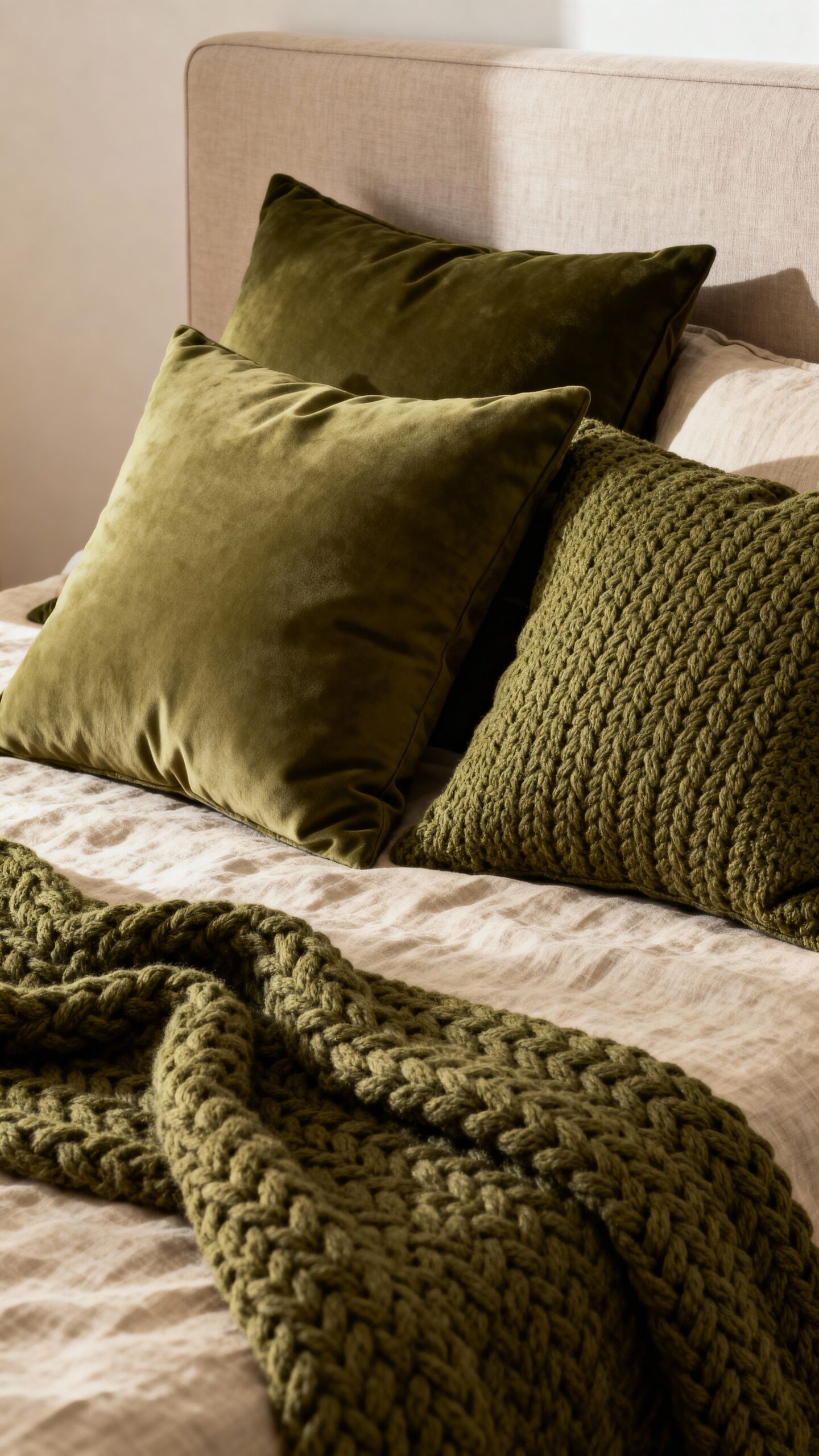 cozy olive green layered textiles