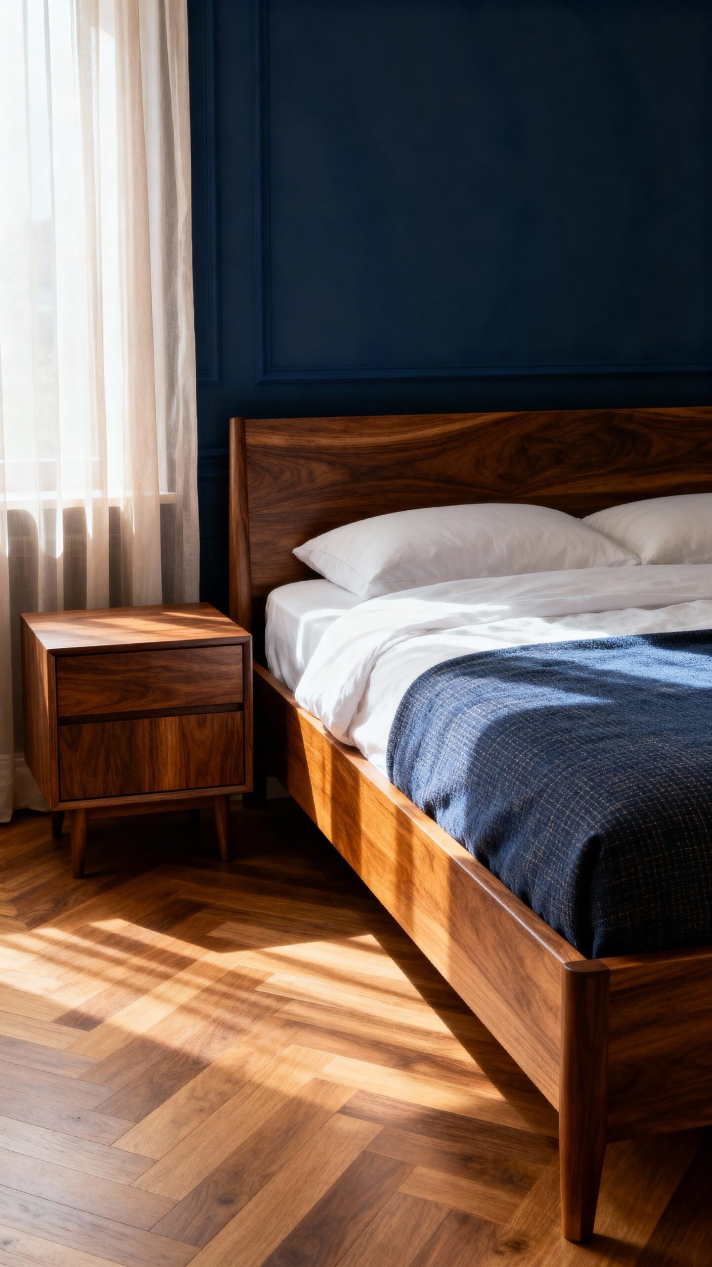 cozy sophisticated navy and wood tones