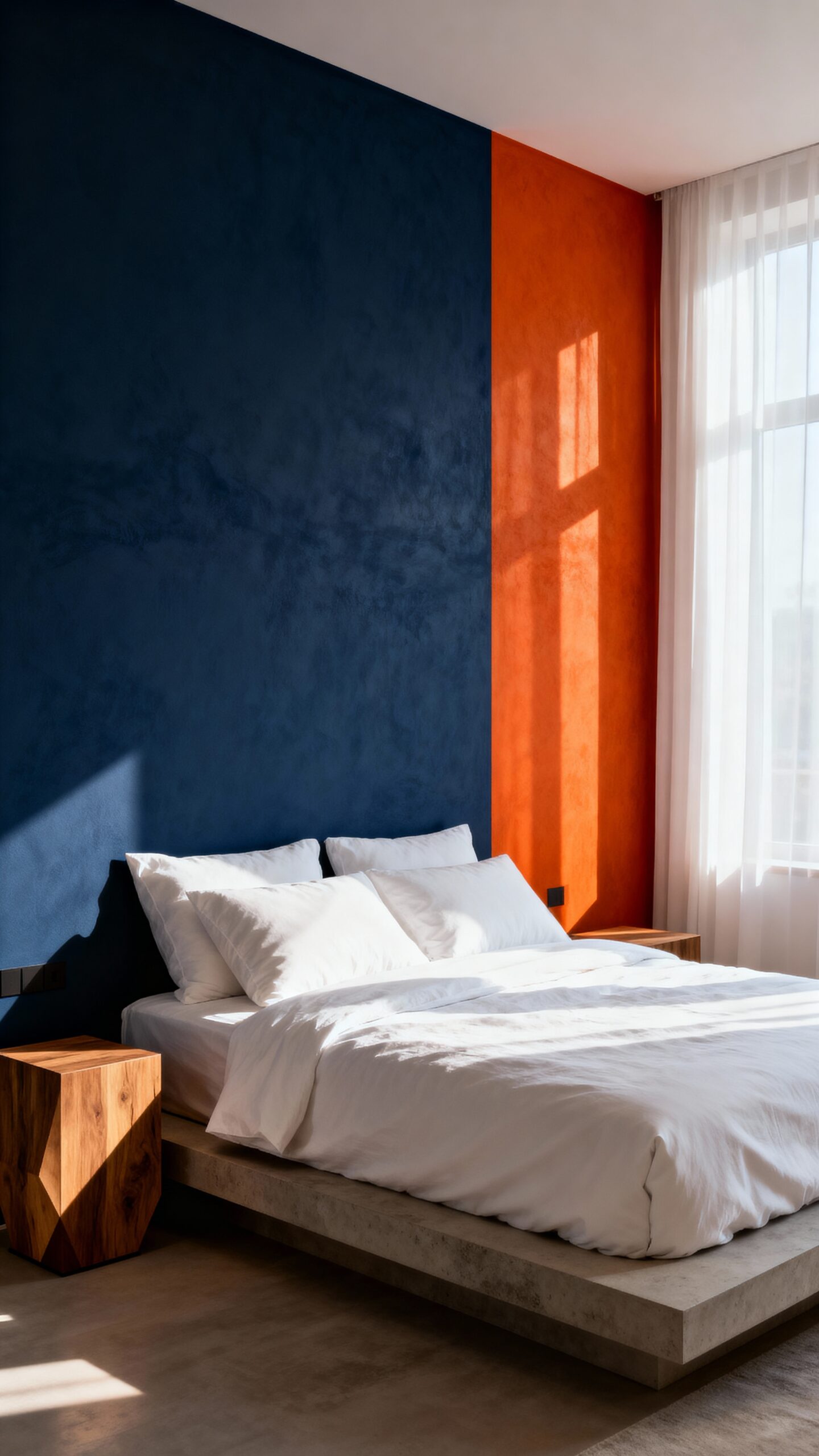 dramatic blue and orange feature walls