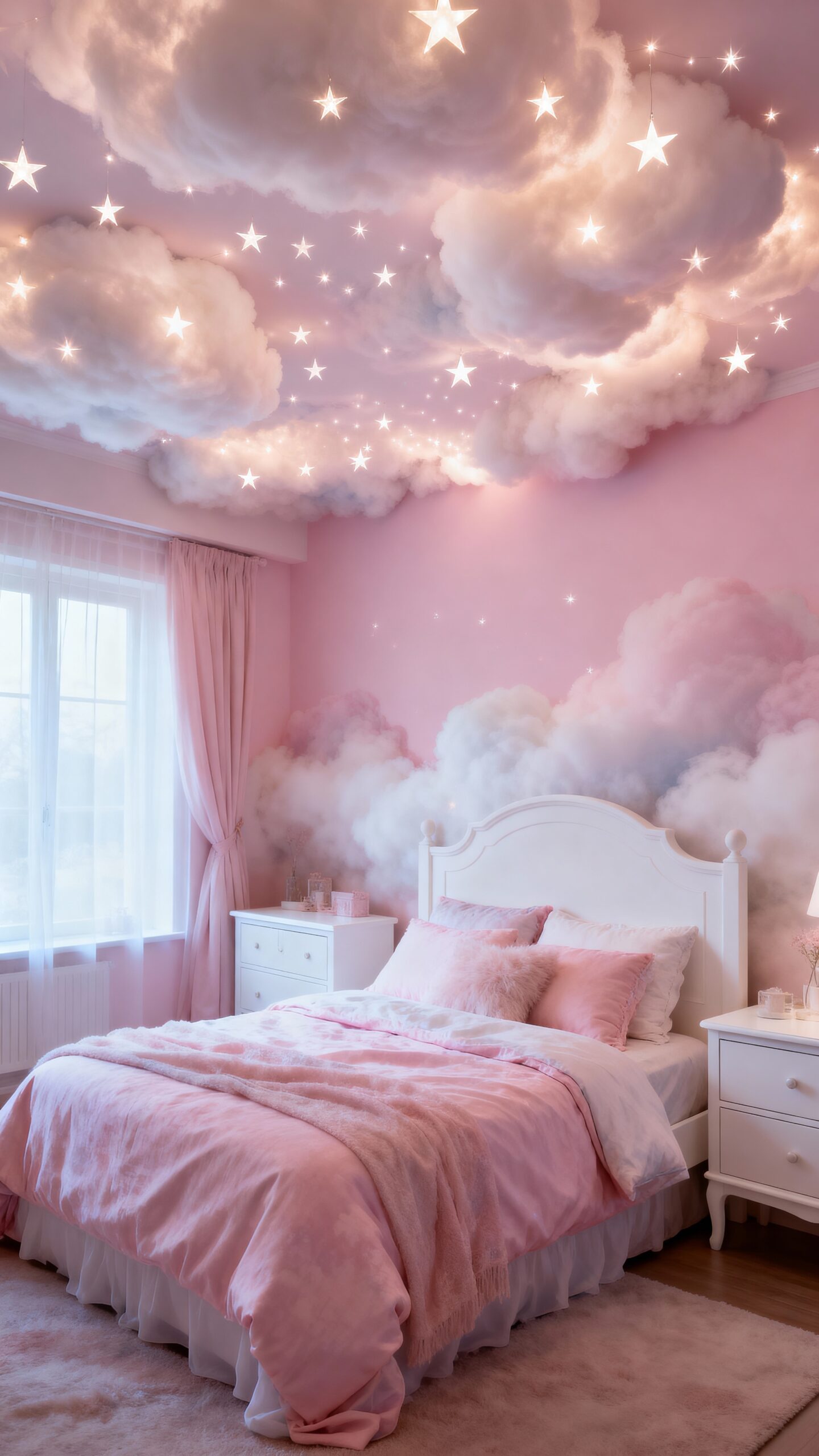 dreamy enchanting starry lit pink cloud ceiling