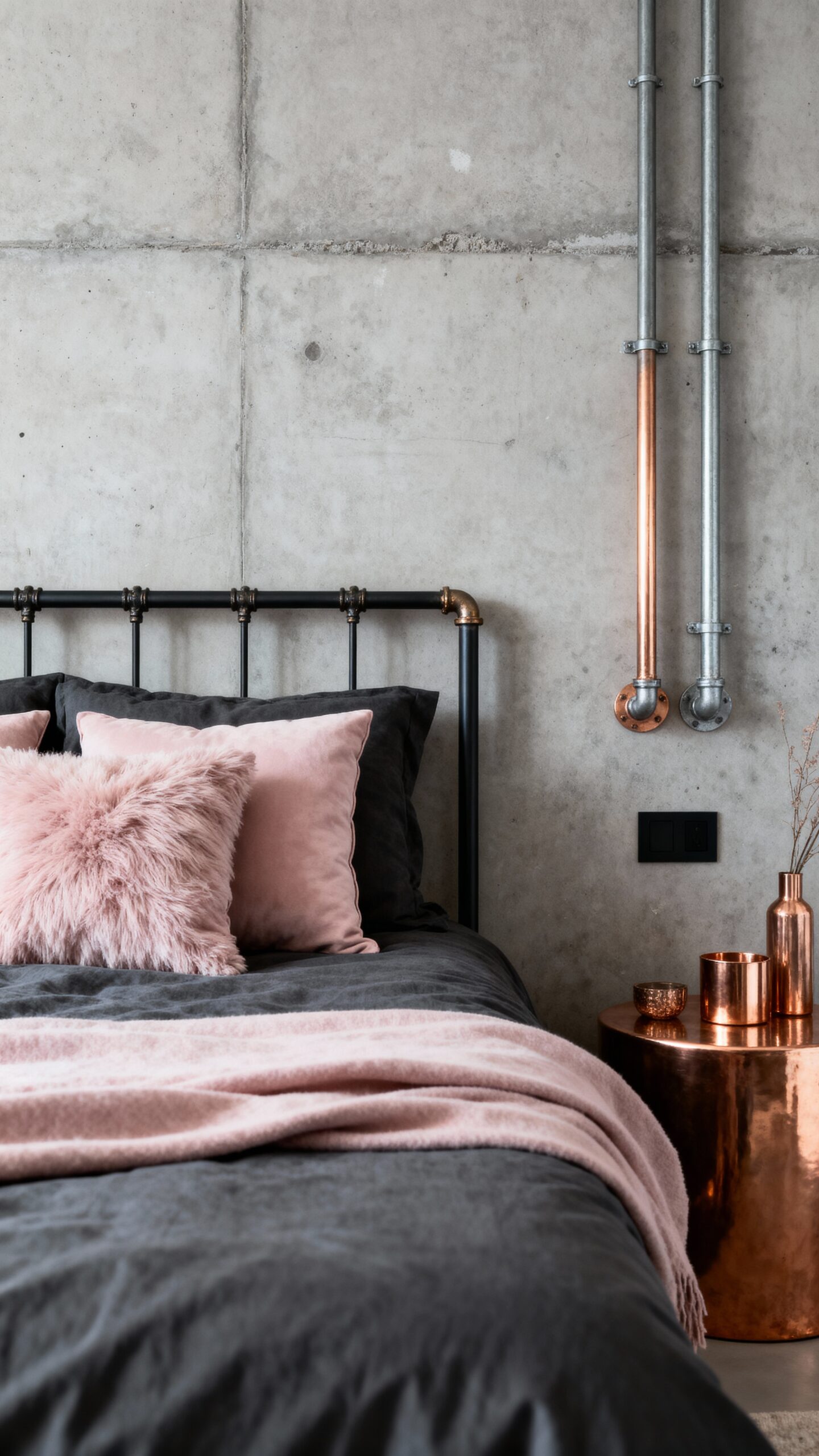 edgy yet inviting industrial feminine bedroom