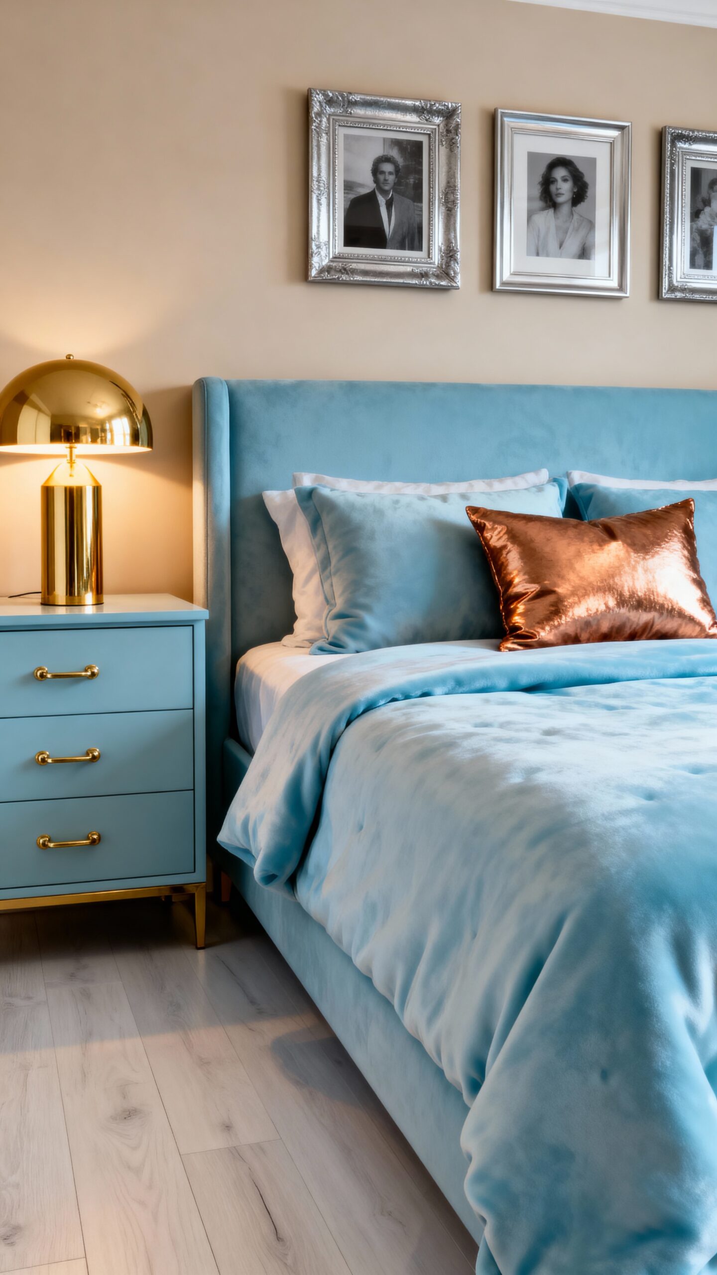elegant blue bedroom with metallic accents