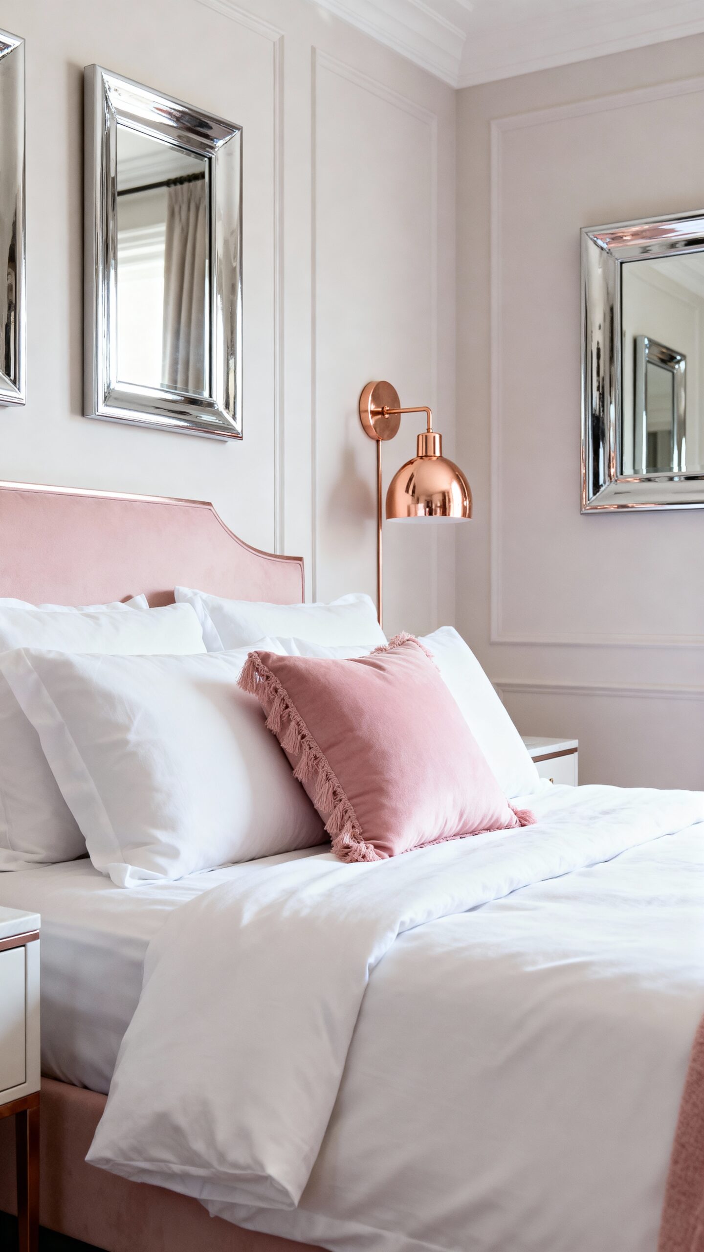 elegant warm sophisticated rose gold bedroom