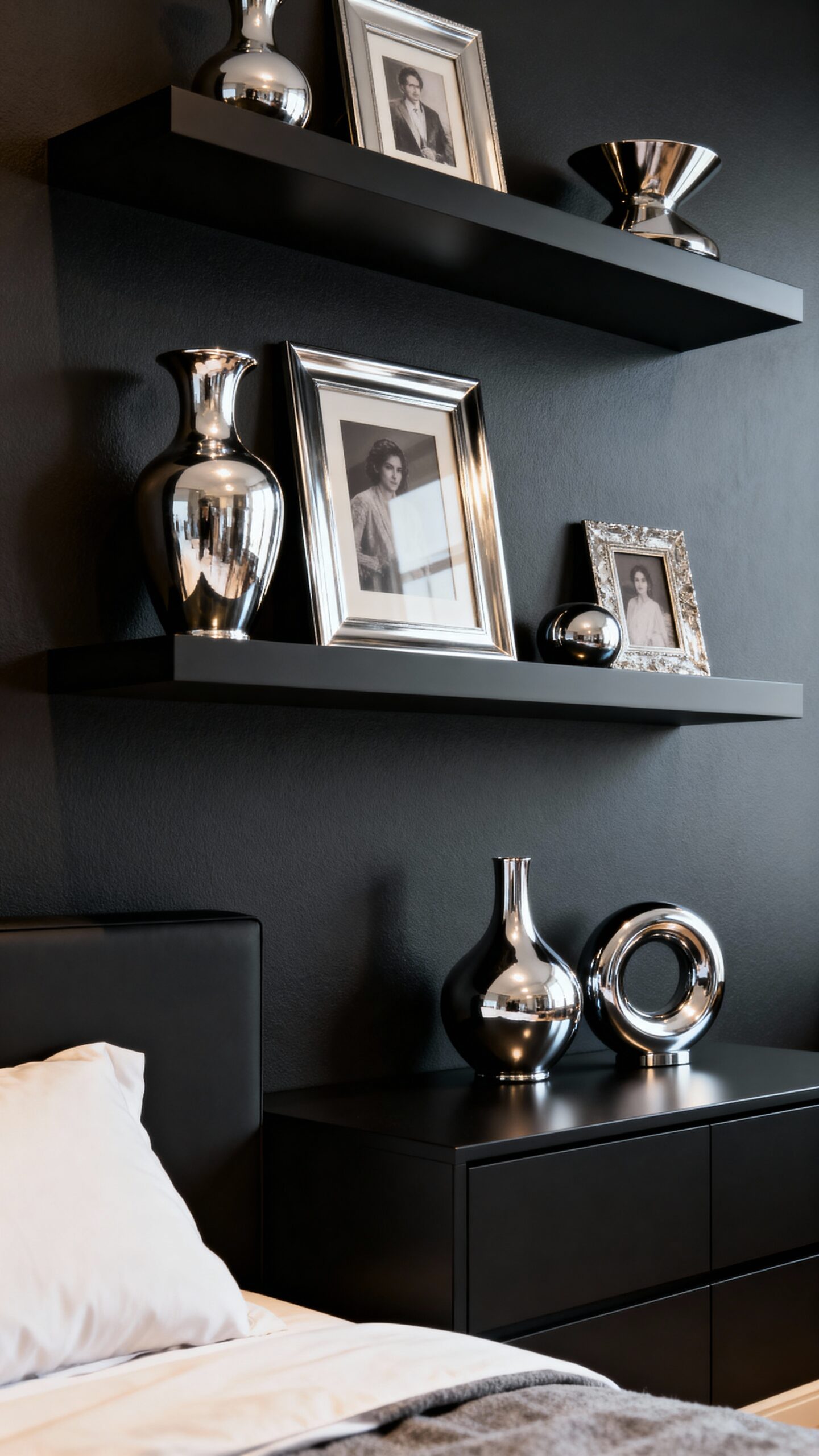 floating shelves sleek silver black contrast