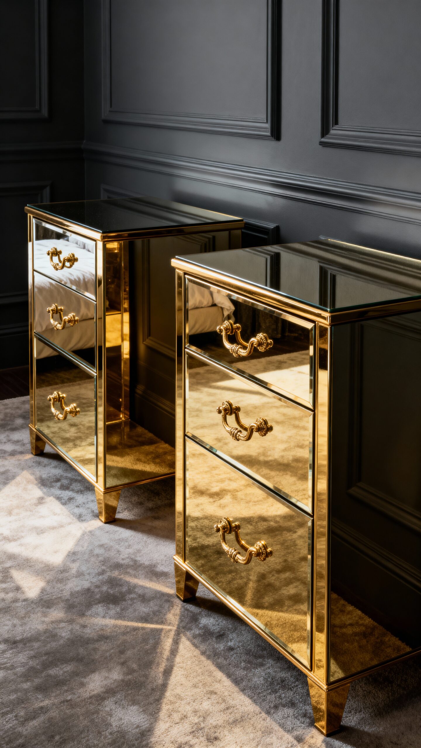 glamorous charcoal retreat with mirrored accents