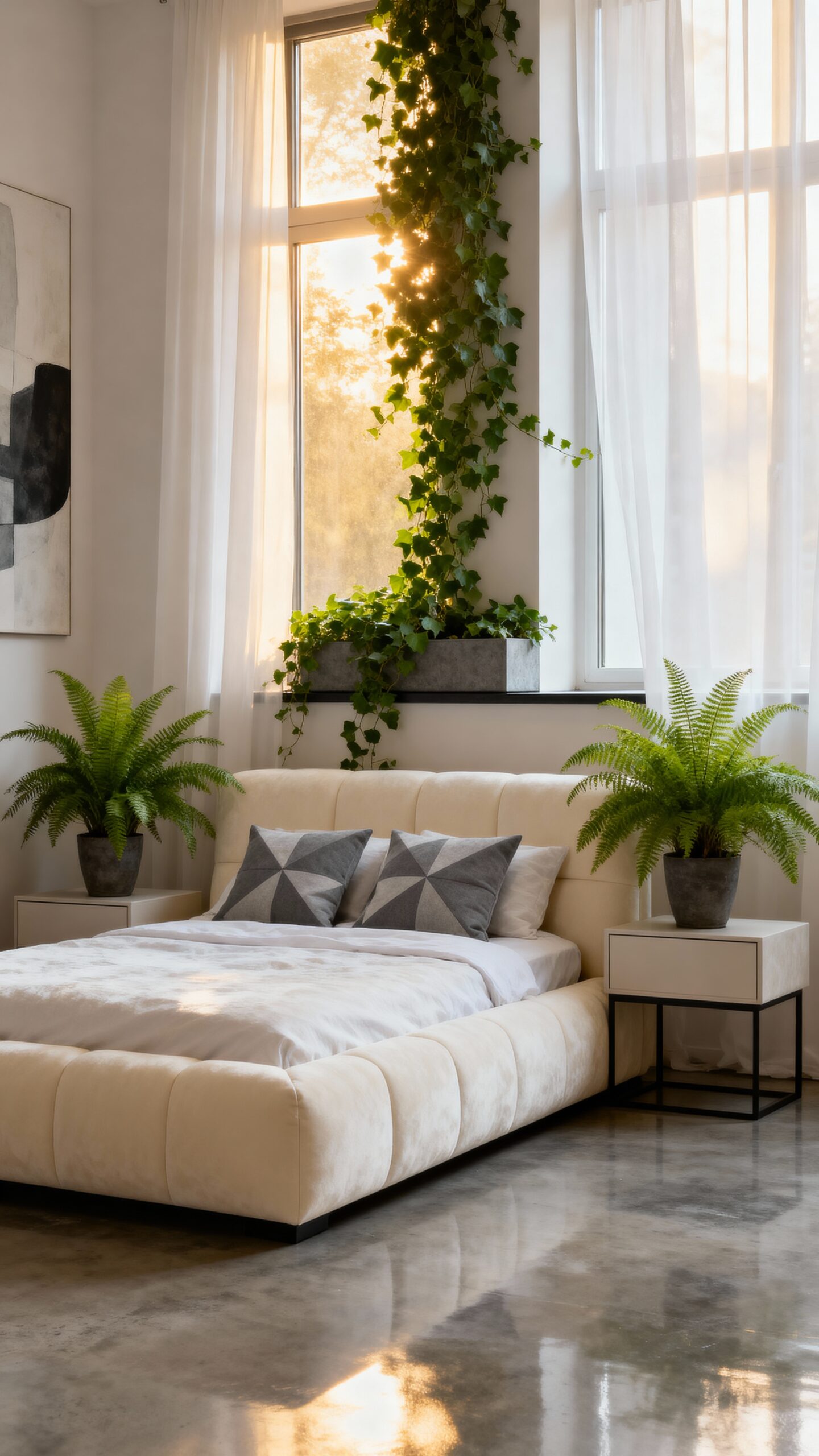 greenery enhances serene bedroom sanctuary