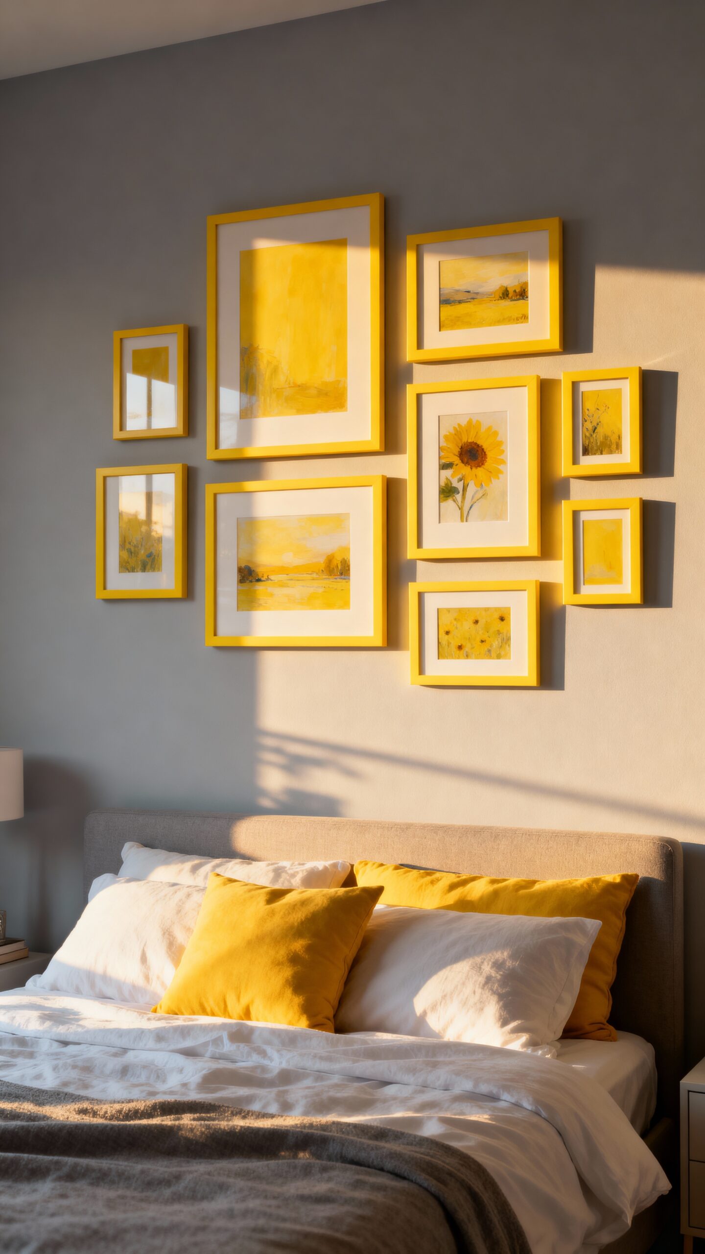 illuminated yellow artwork against light grey