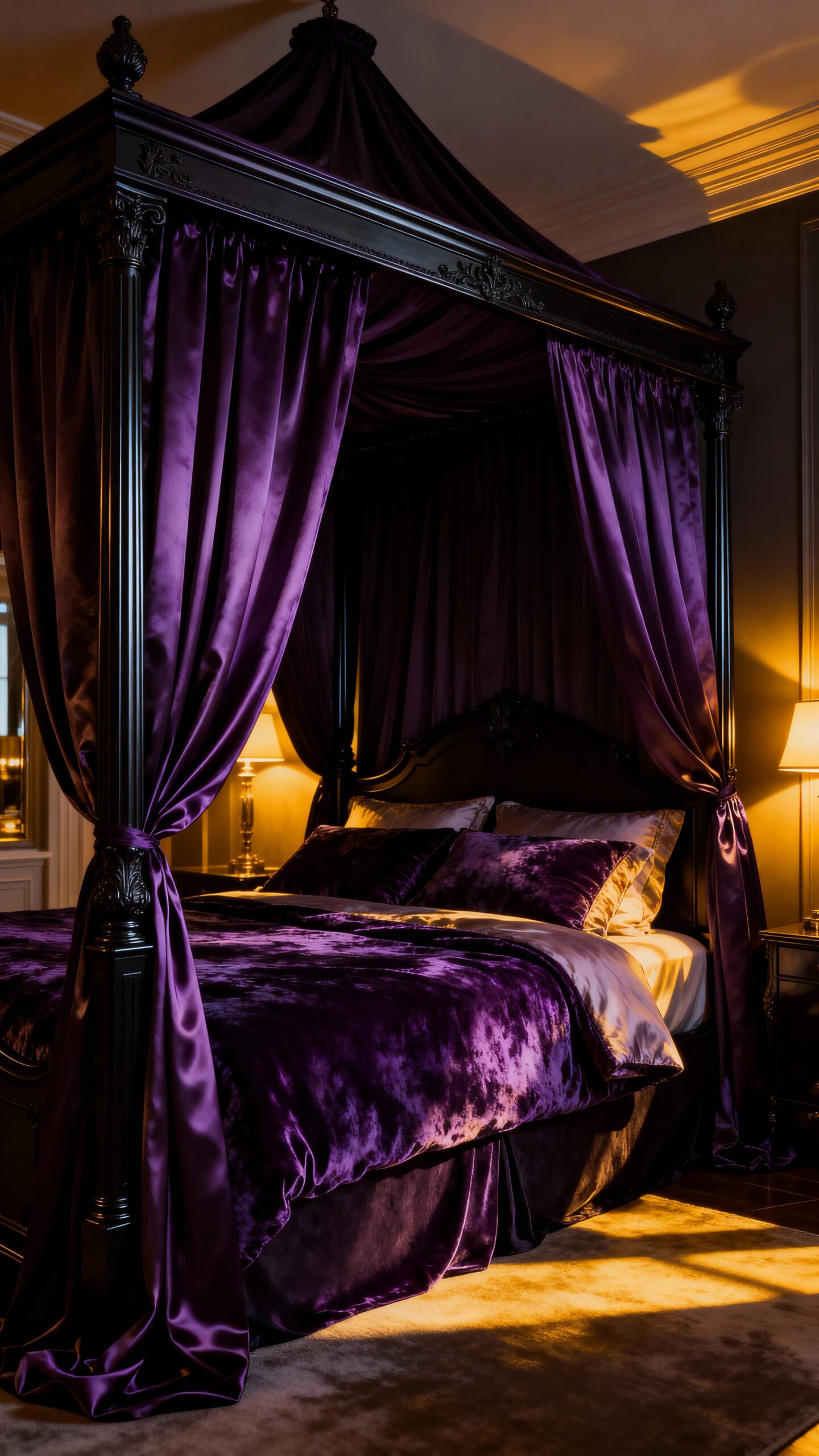 intimate luxurious dramatic calming purple canopy beds