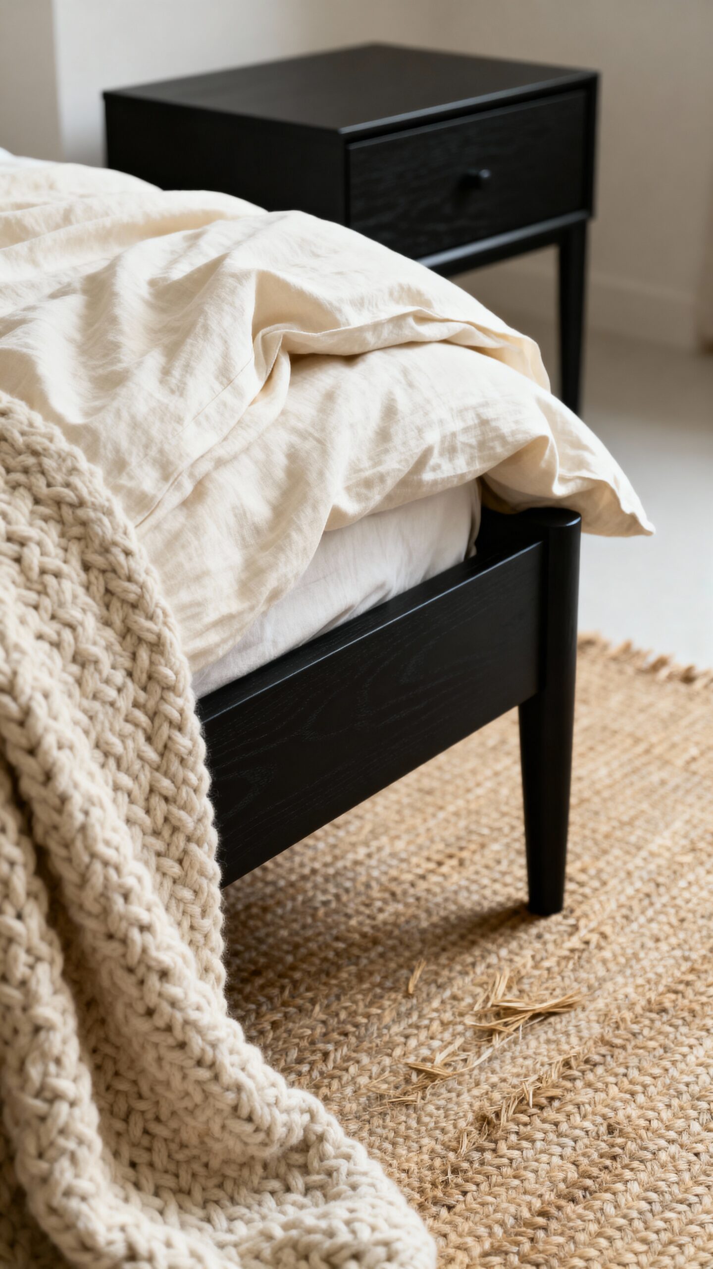 layered beige textures complement black furniture