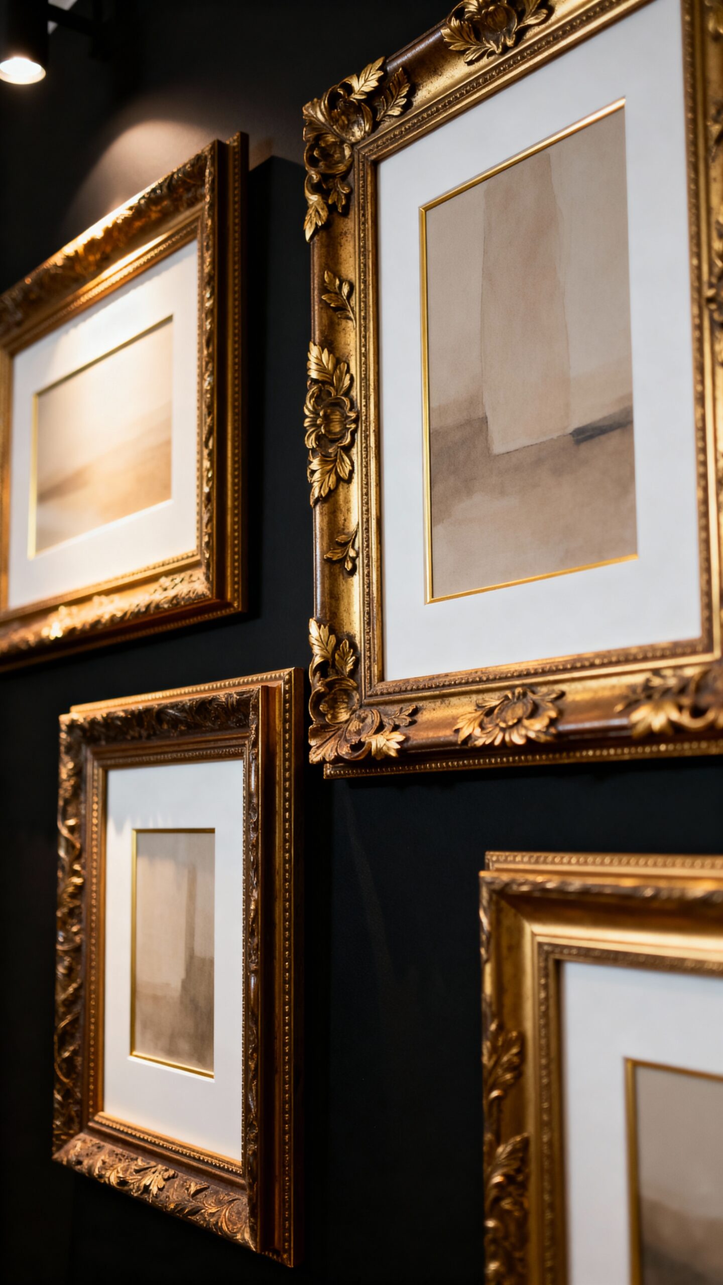 layered gold frames on black wall