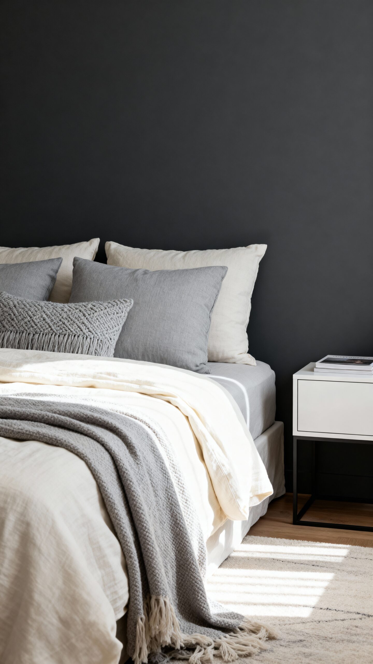 layered grey and cream bedroom