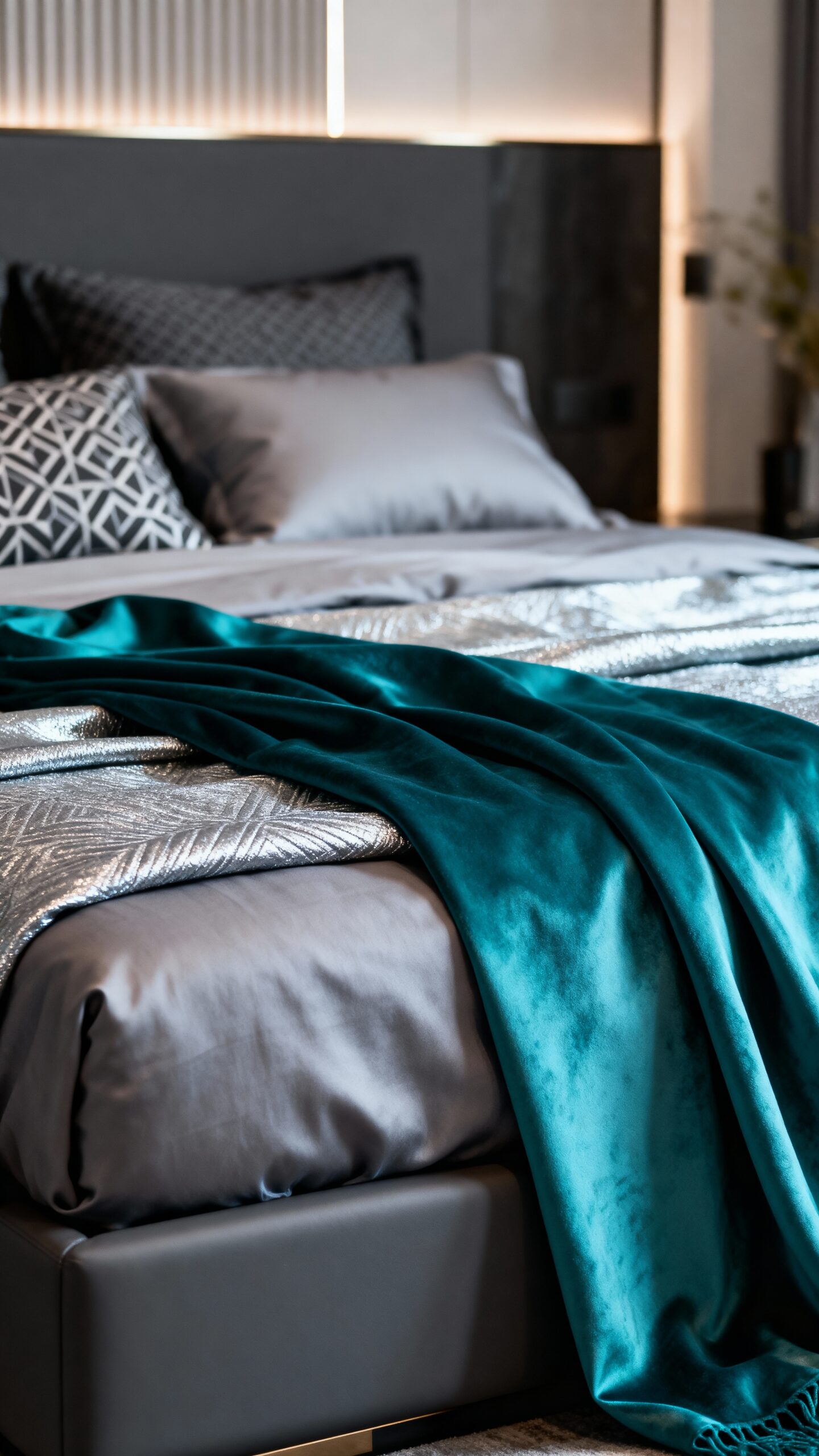 layered grey and teal blankets