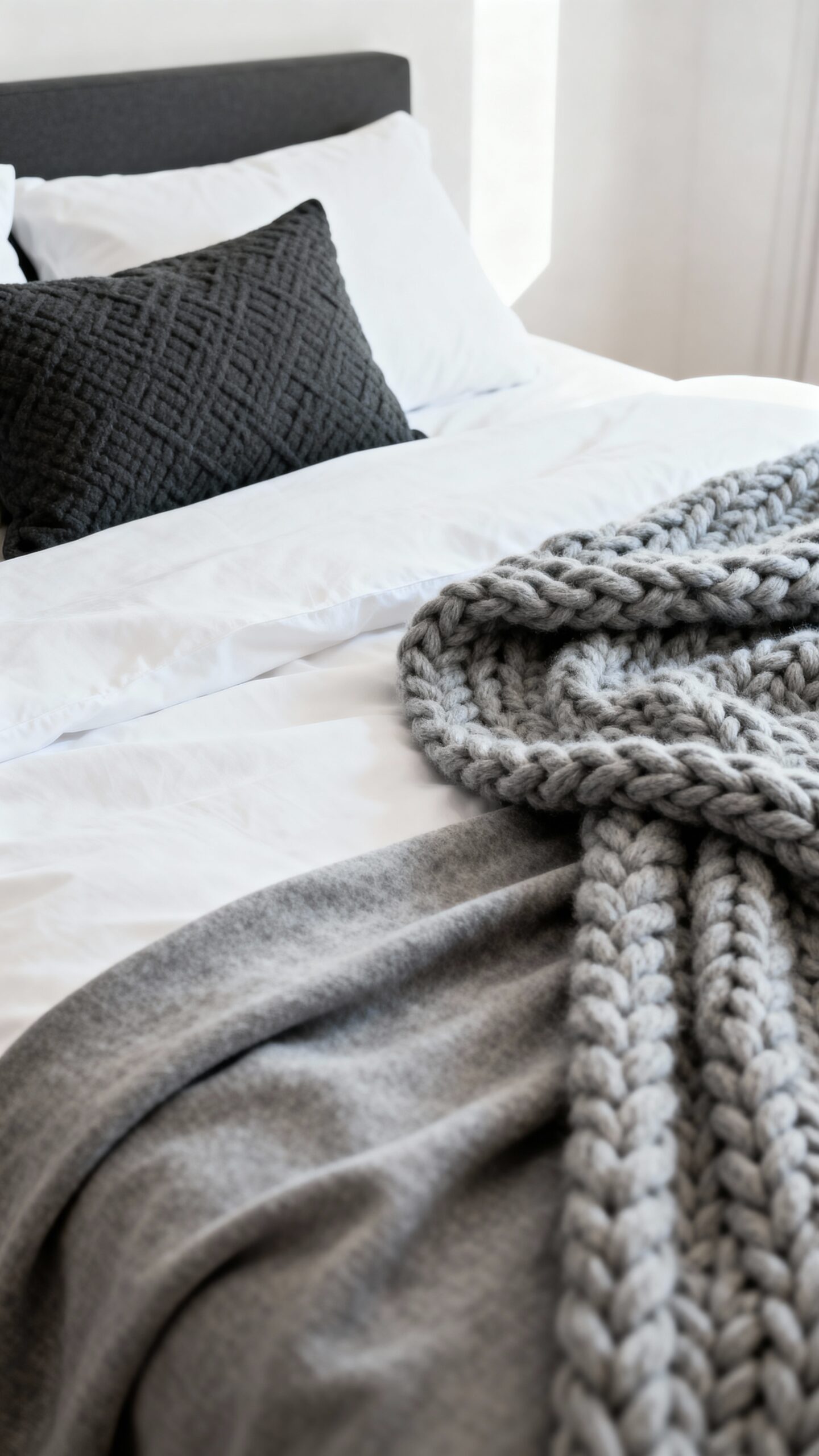 layered grey textiles on white bedding