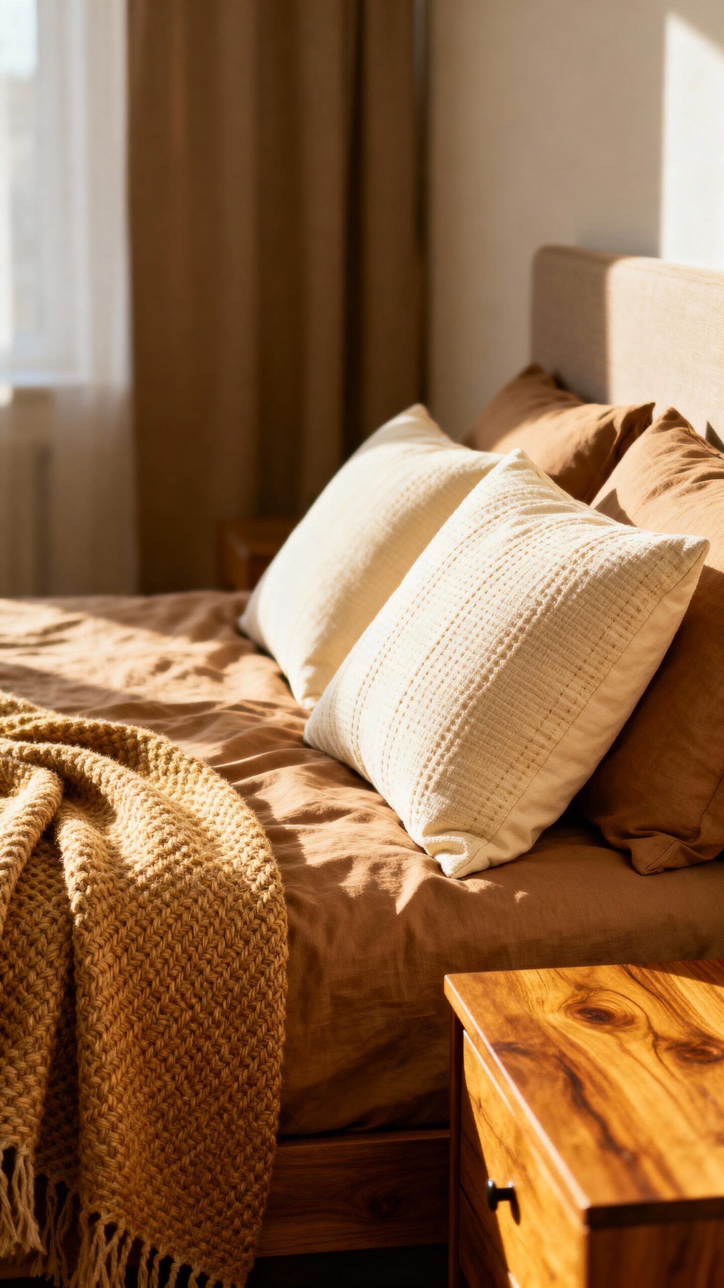 layered light brown bedroom sanctuary