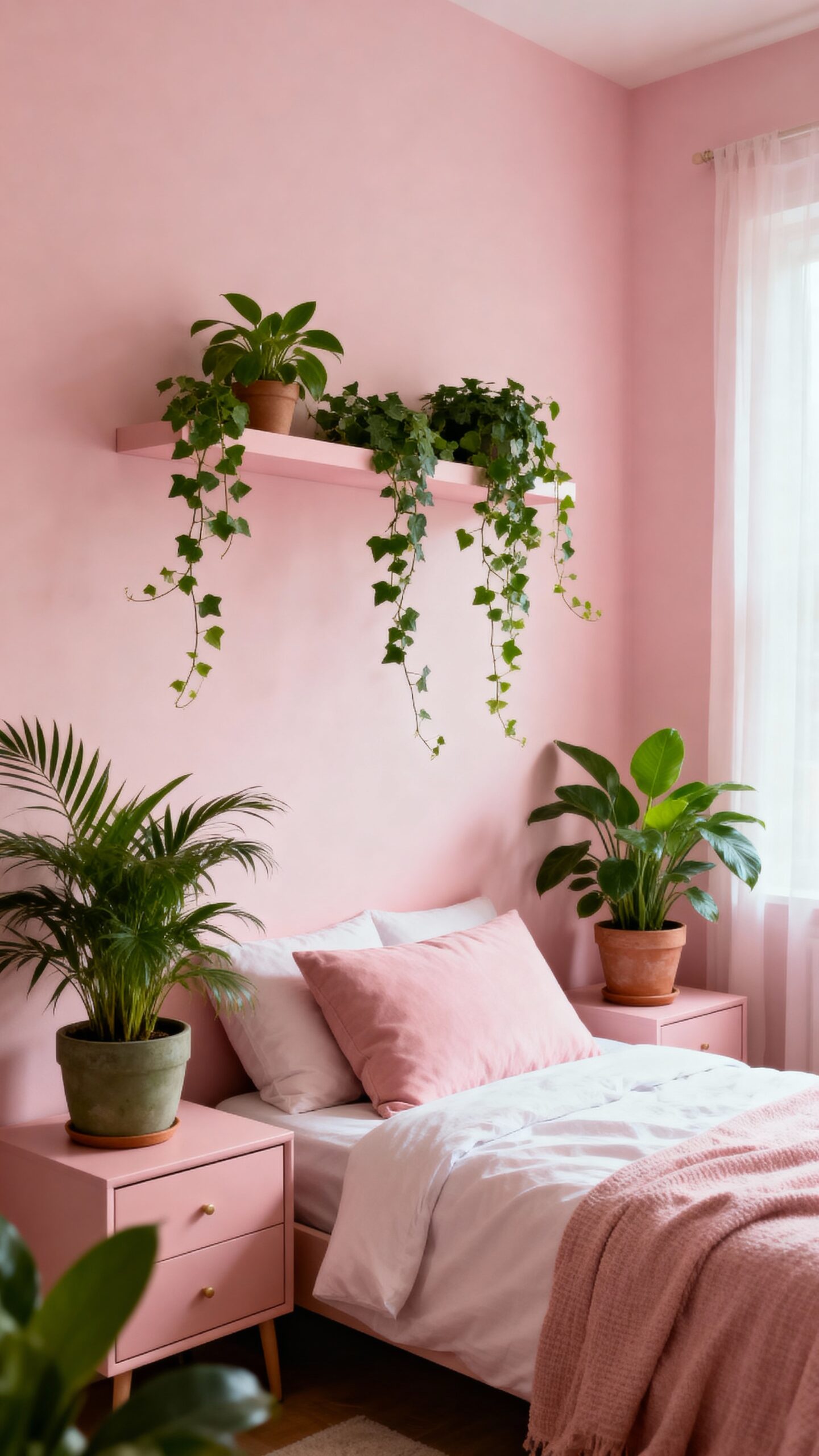lush greenery accents pink bedroom decor