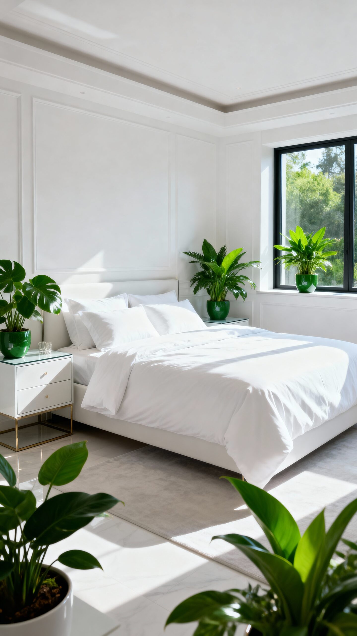 lush greenery enhances monochrome bedroom