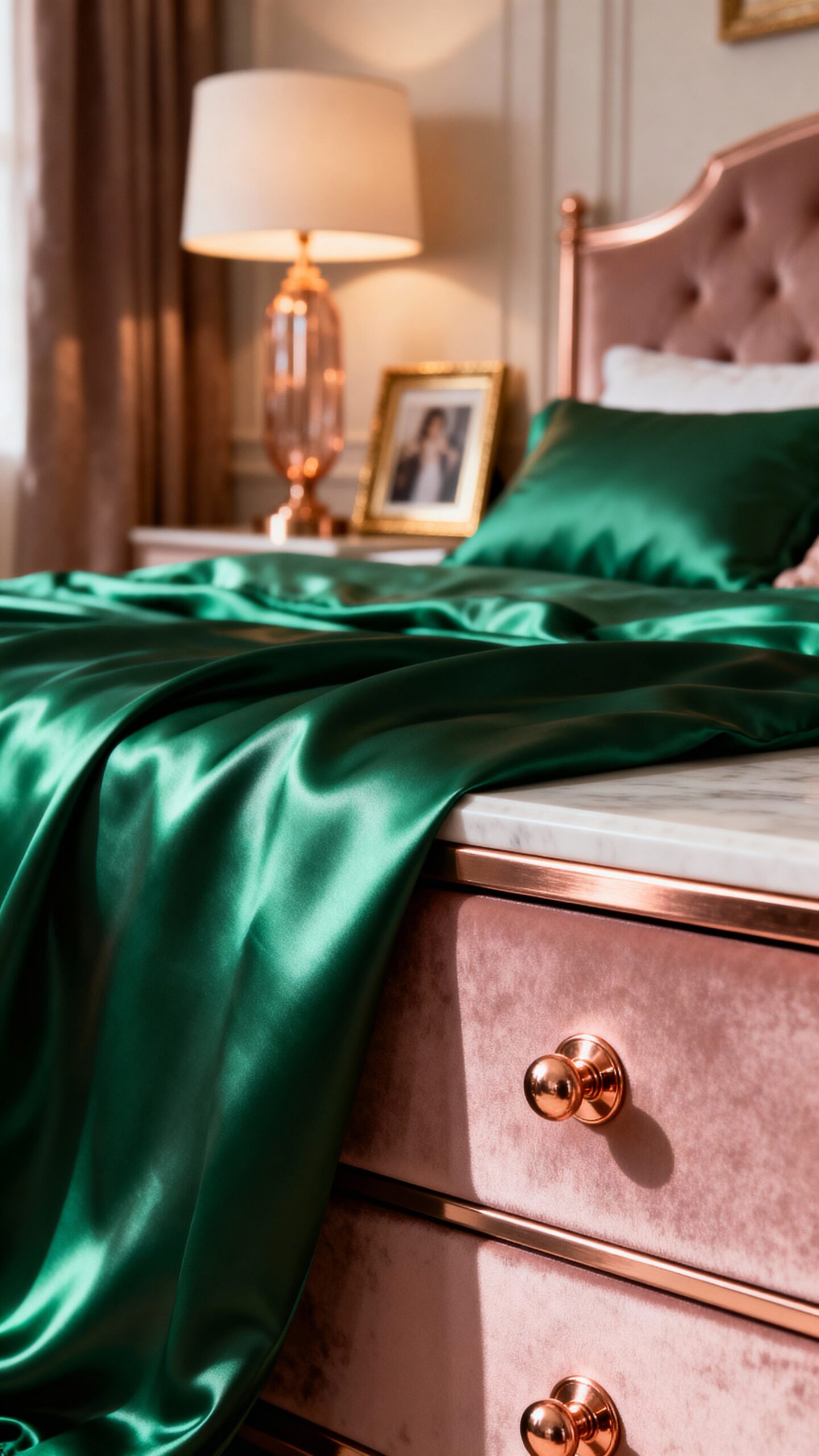 luxurious emerald green and rose gold