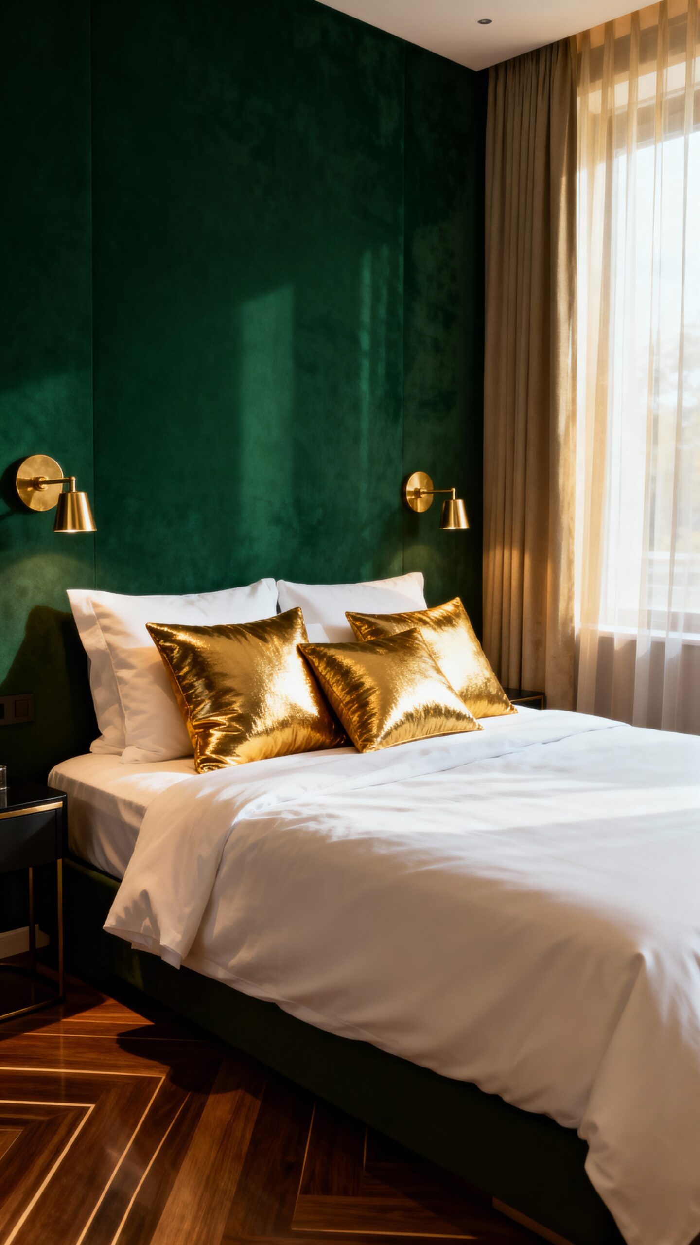 luxurious green and gold bedroom accents