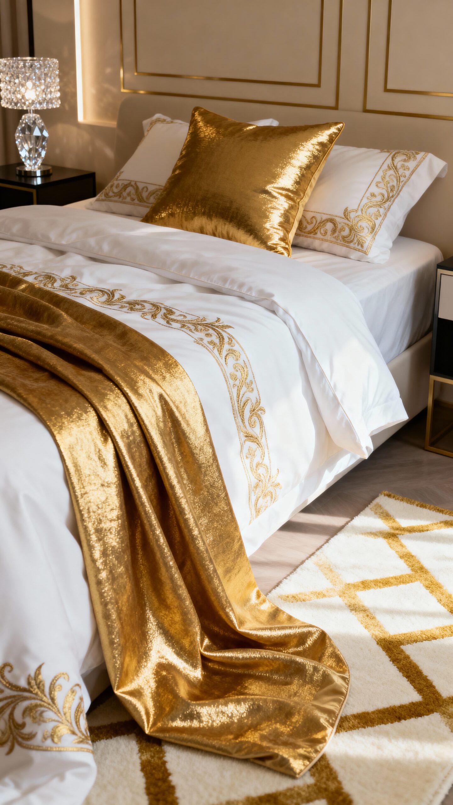 luxurious layered metallic bedroom decor