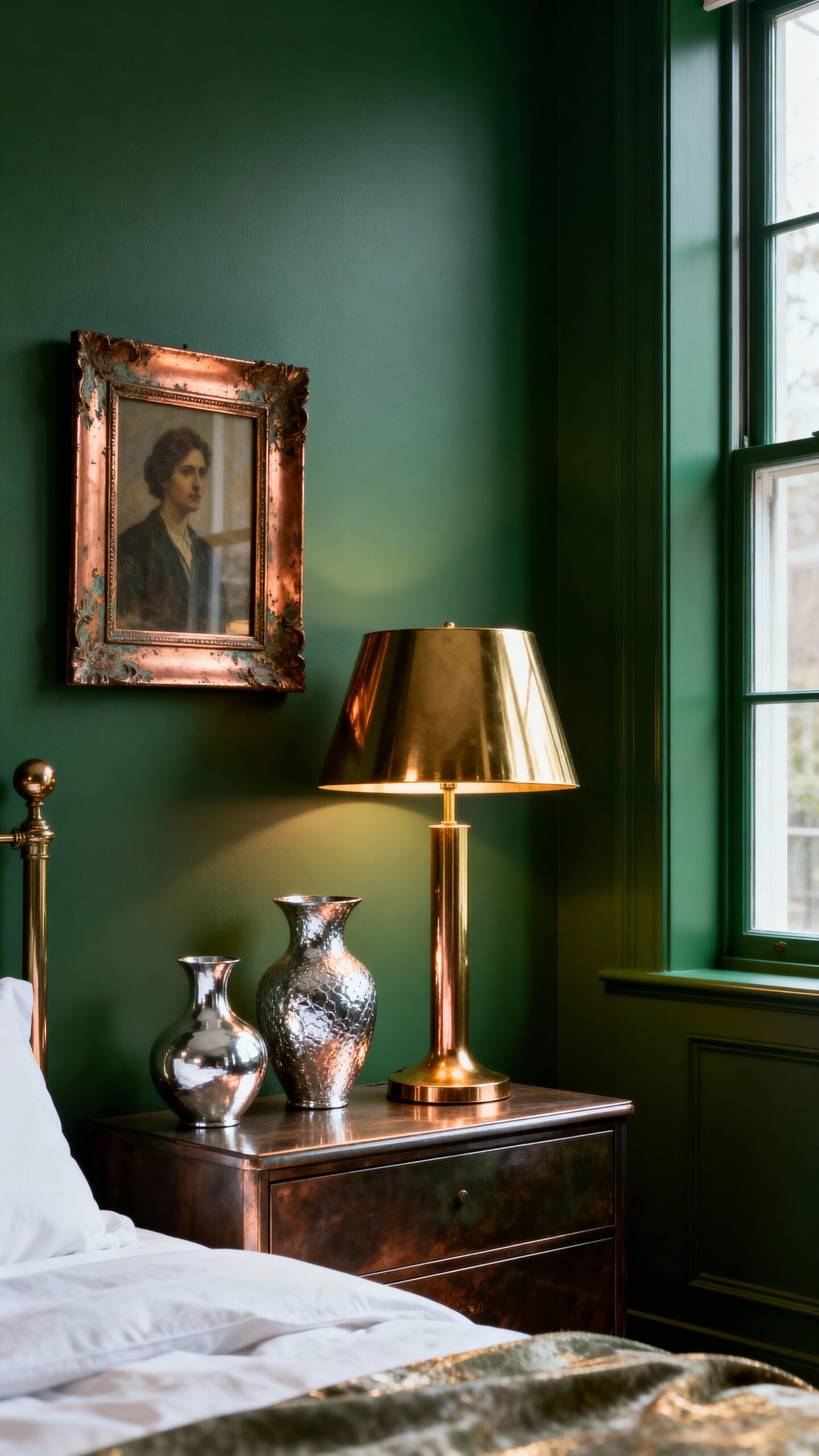 luxurious metallic accented green bedroom retreat