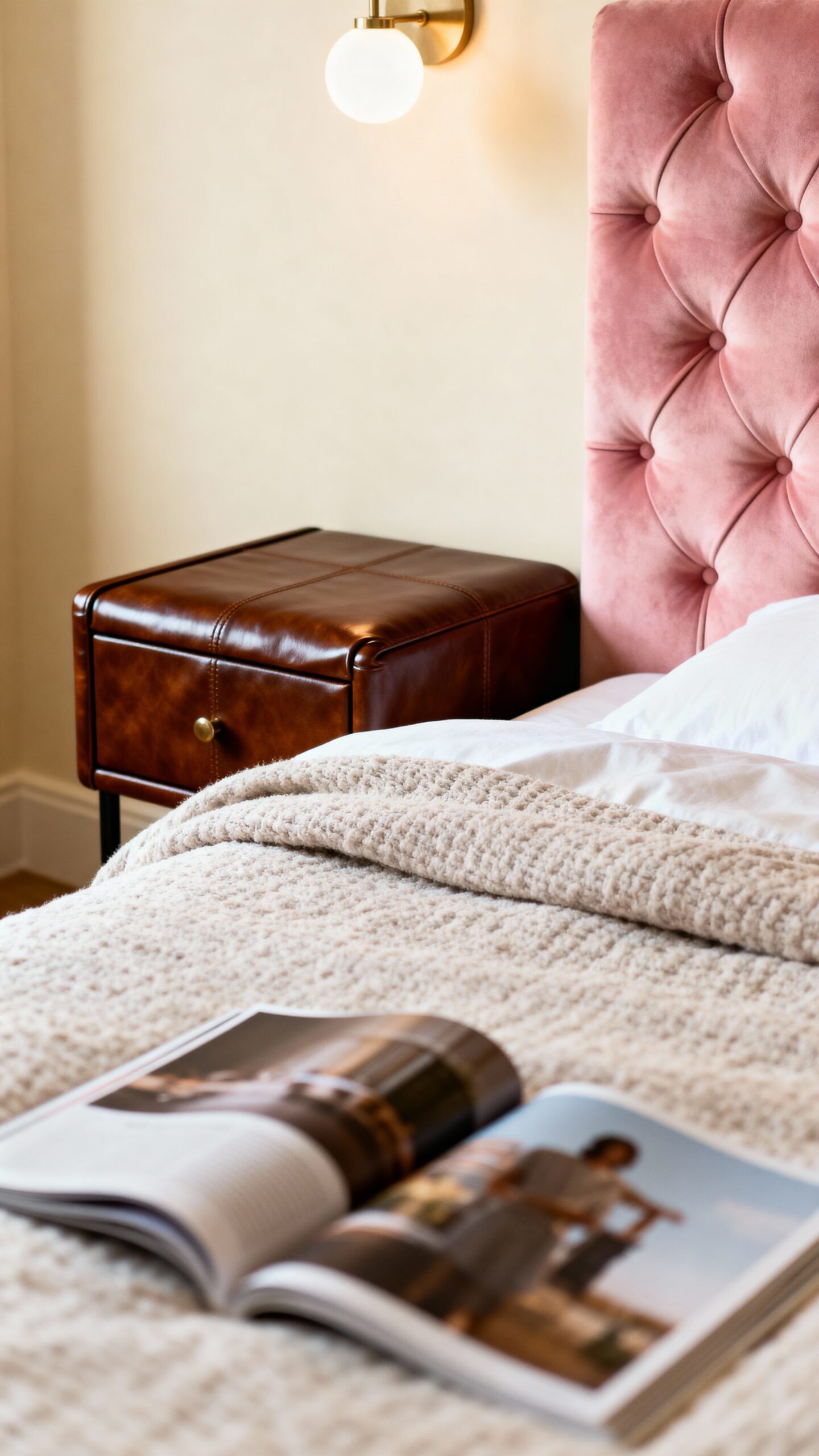 luxurious pink velvet and brown leather