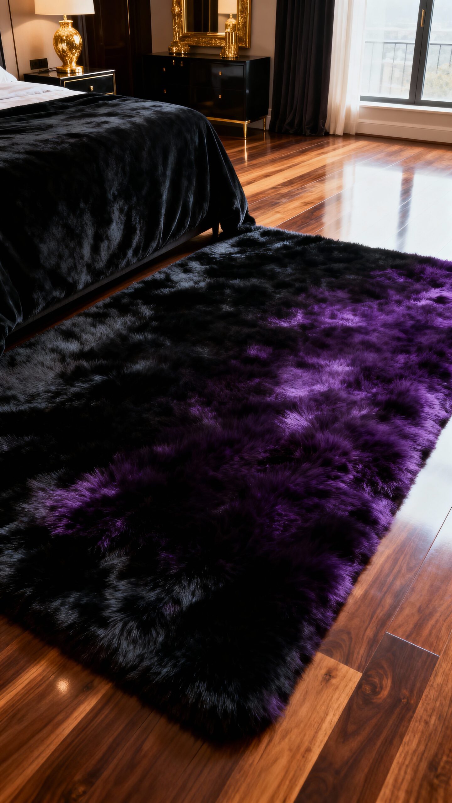 luxurious plush midnight violet bedroom rugs