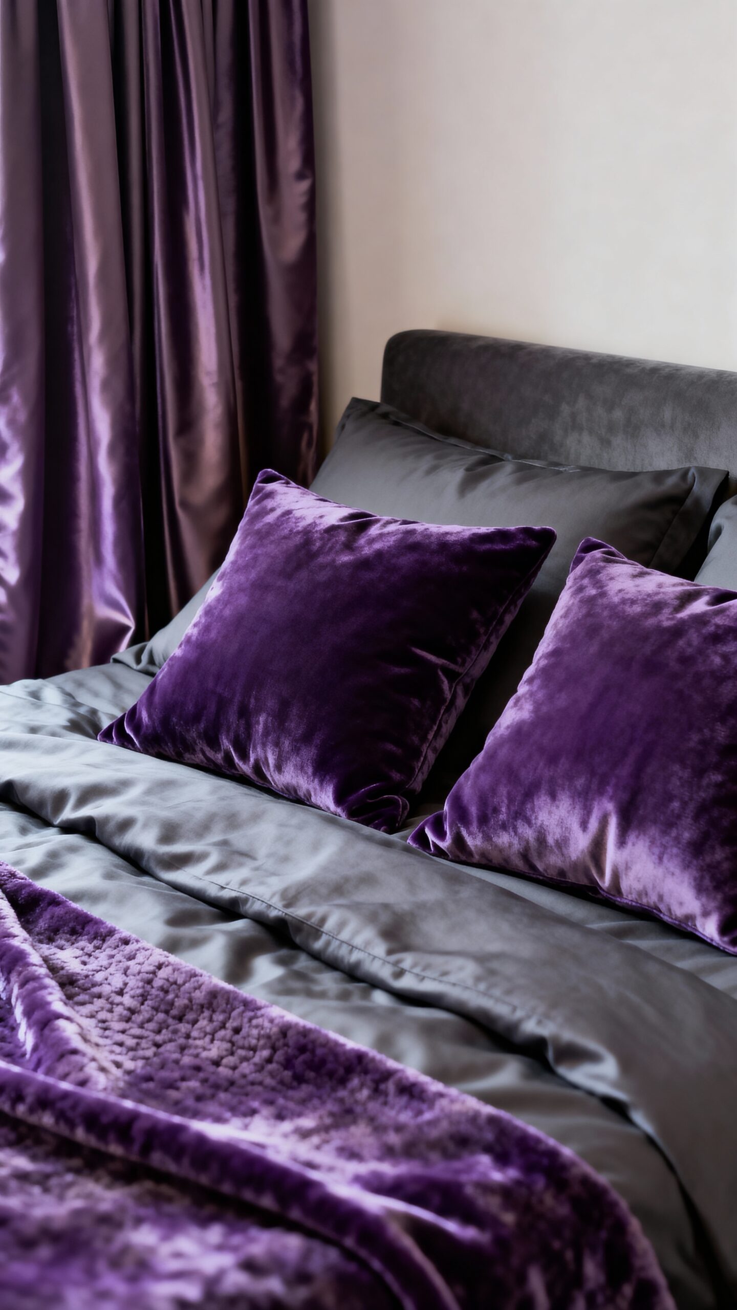 luxurious purple and charcoal bedroom retreat