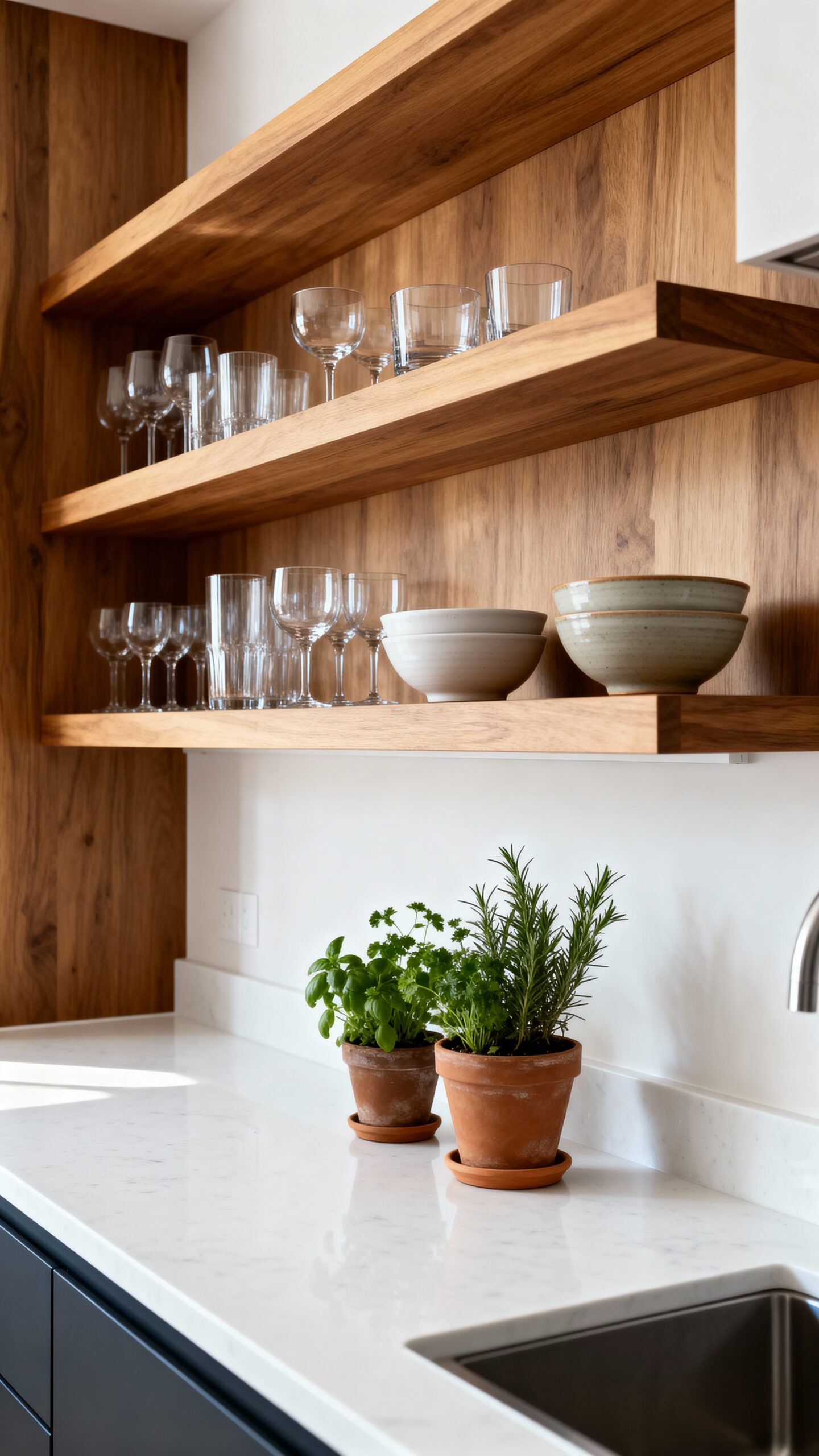 maximize kitchen space with floating shelves