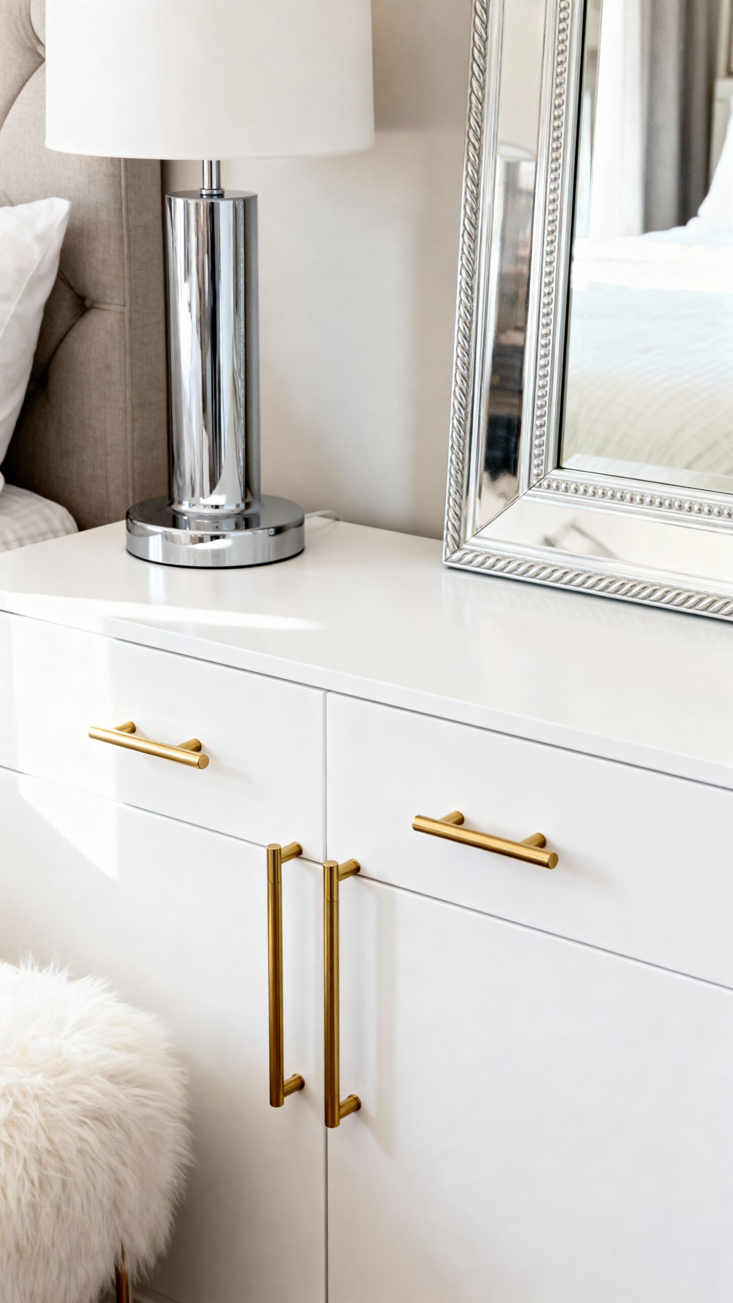 metallic accents elevate monochromatic bedroom