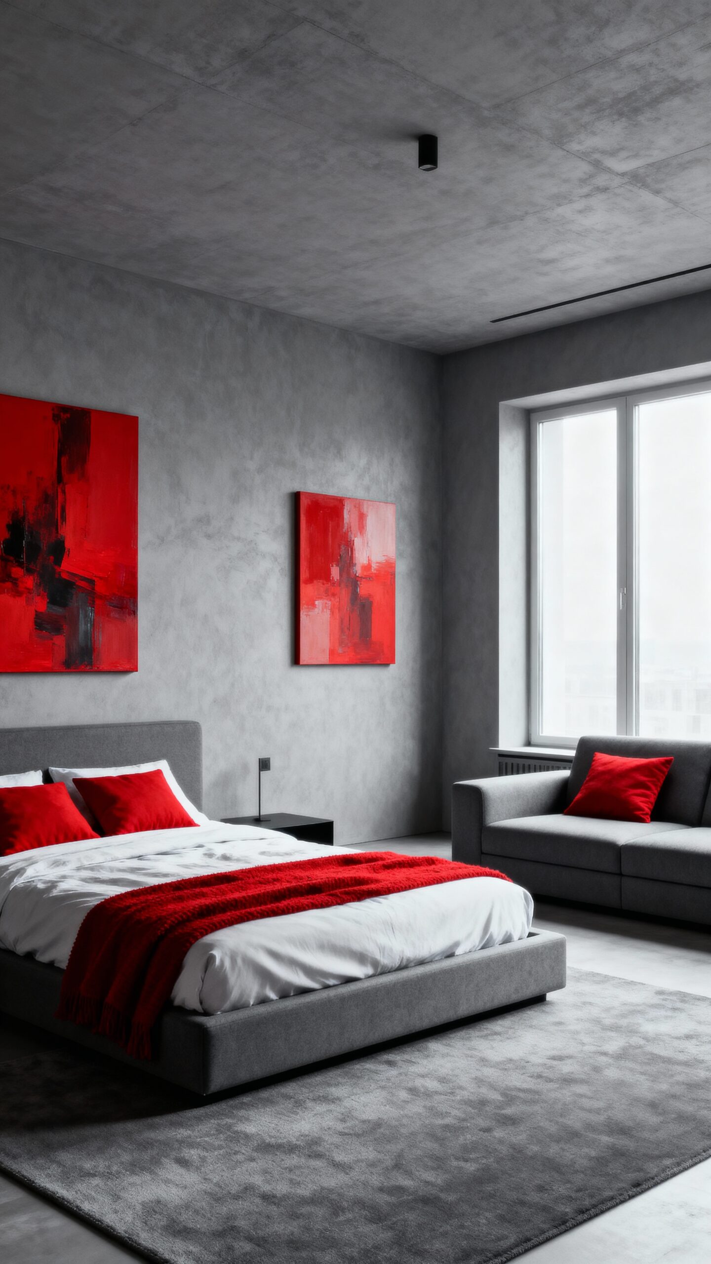minimalist grey bedroom highlighted red art