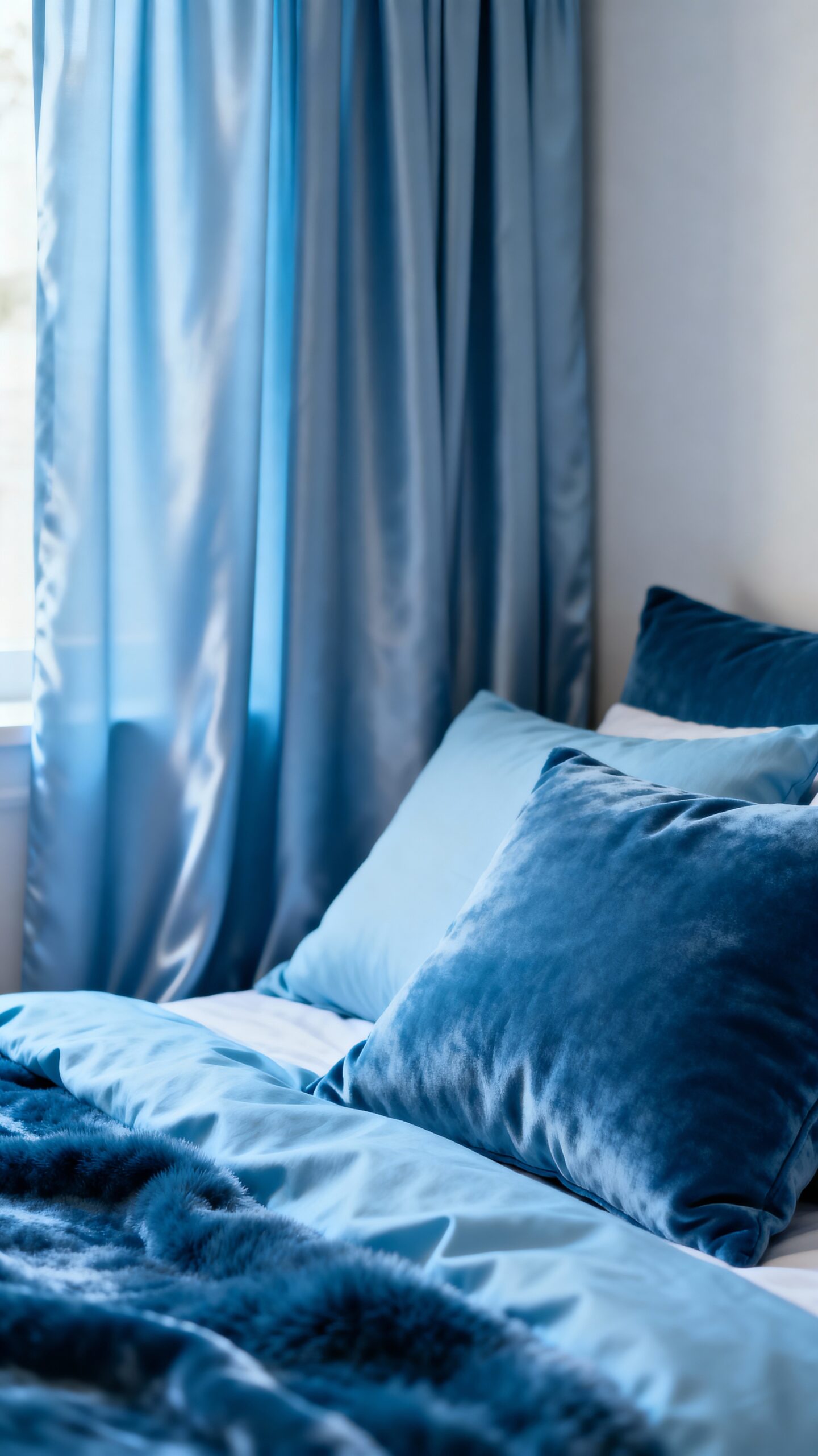 monochromatic sky blue bedroom design