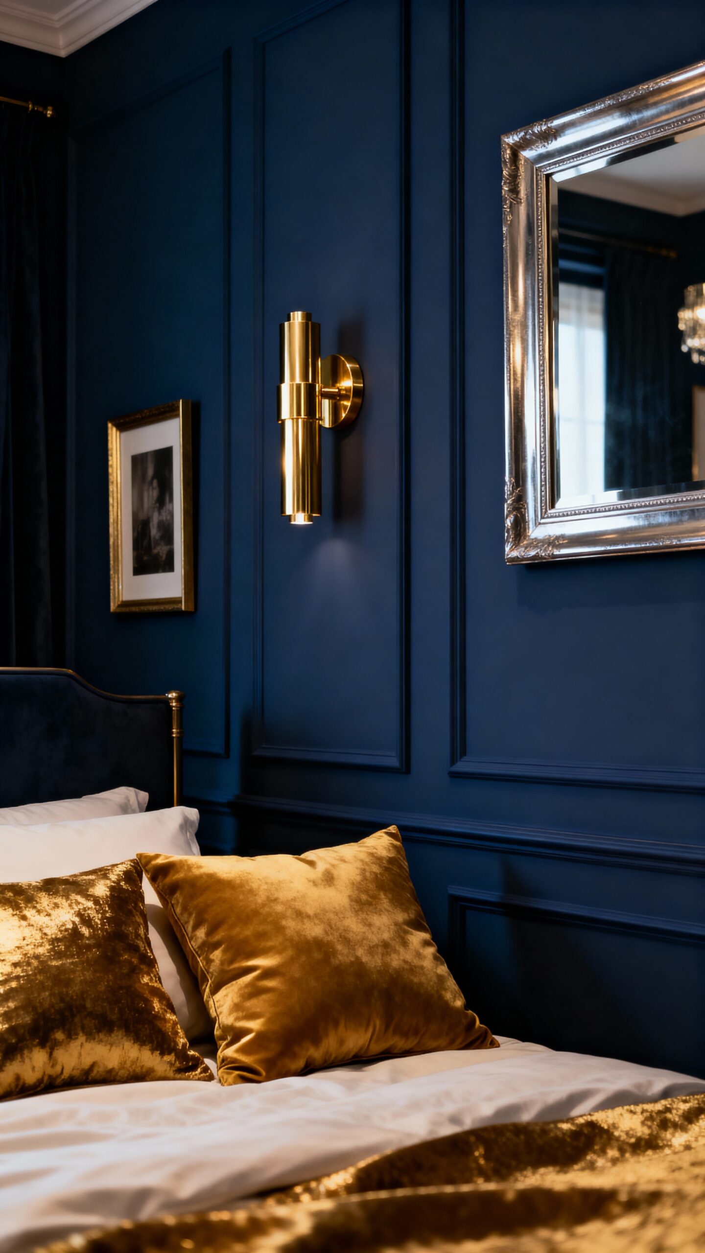 opulent navy and gold bedroom