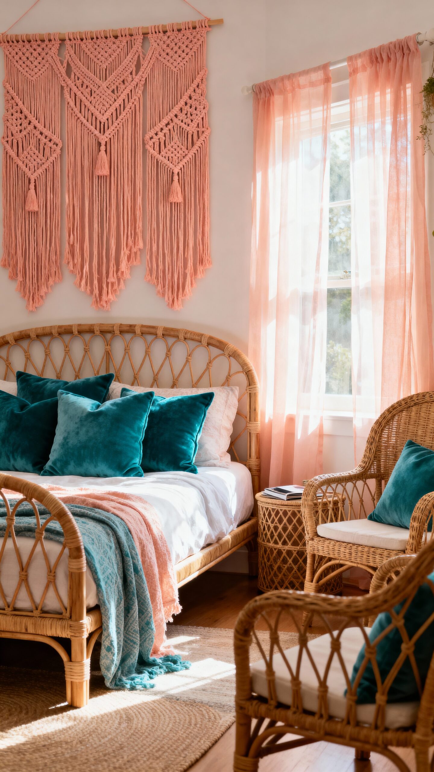 peach teal bohemian romantic bedroom retreat