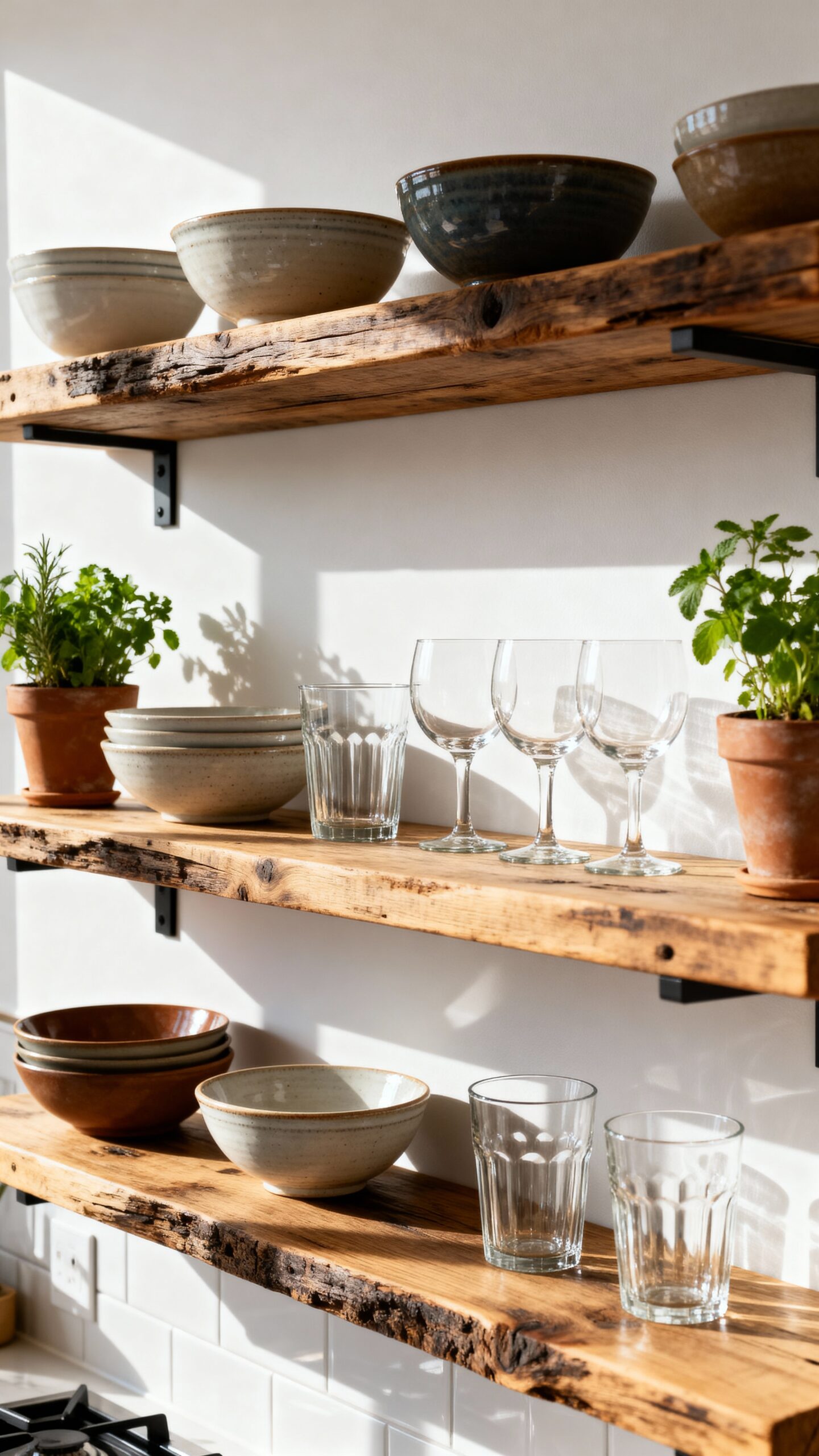 rustic warm natural kitchen wood shelves