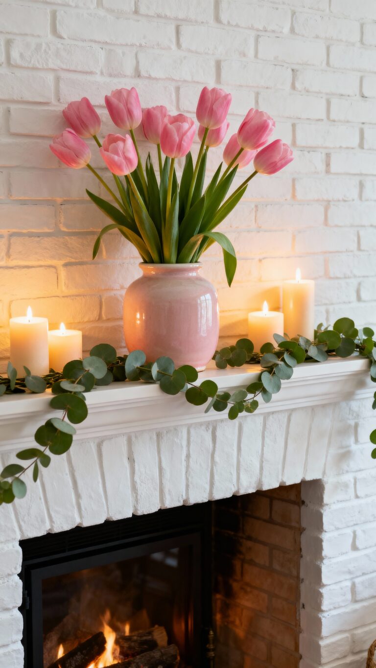 seasonal cozy fireplace spring decor