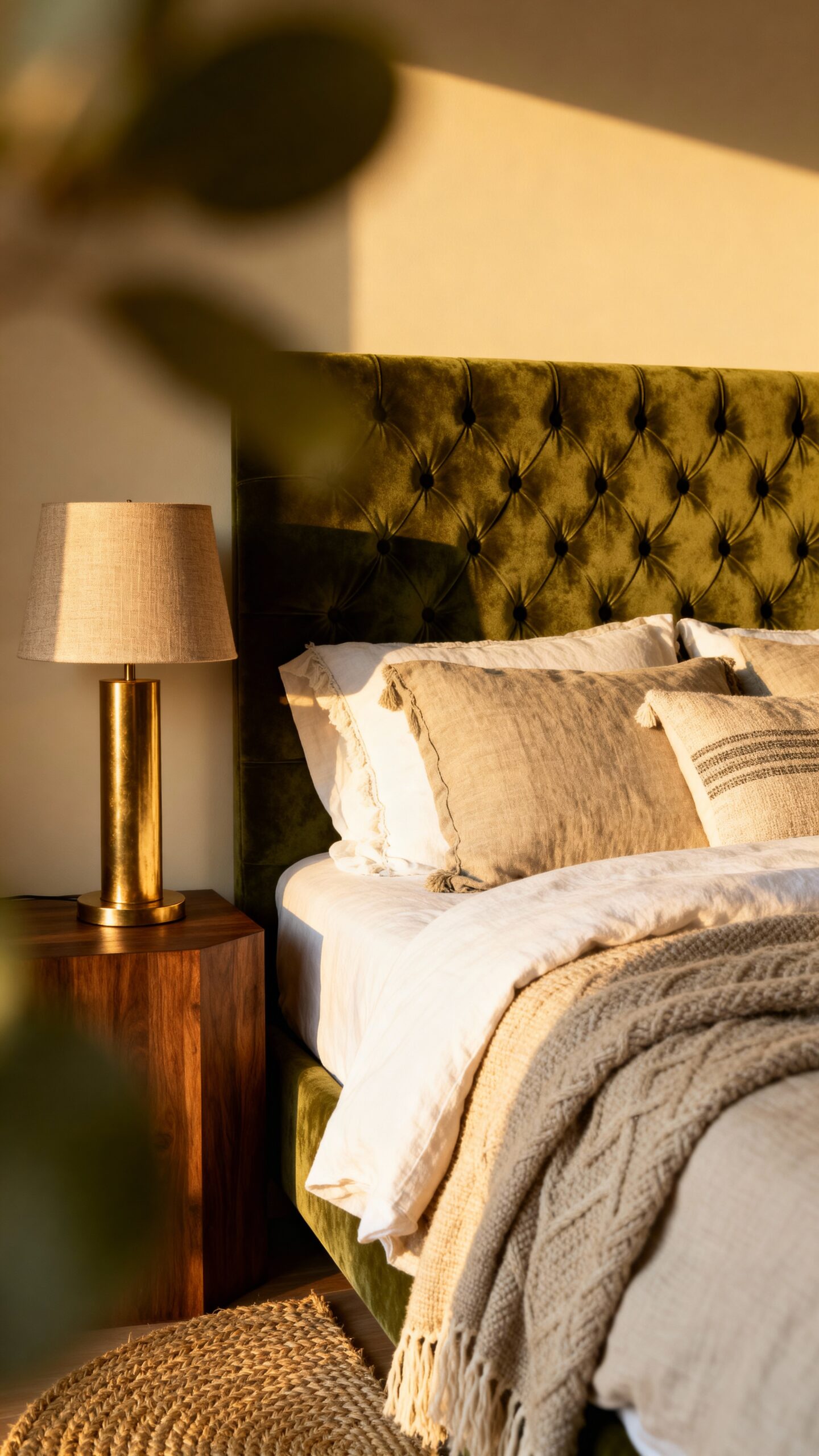 serene luxurious olive green velvet headboard