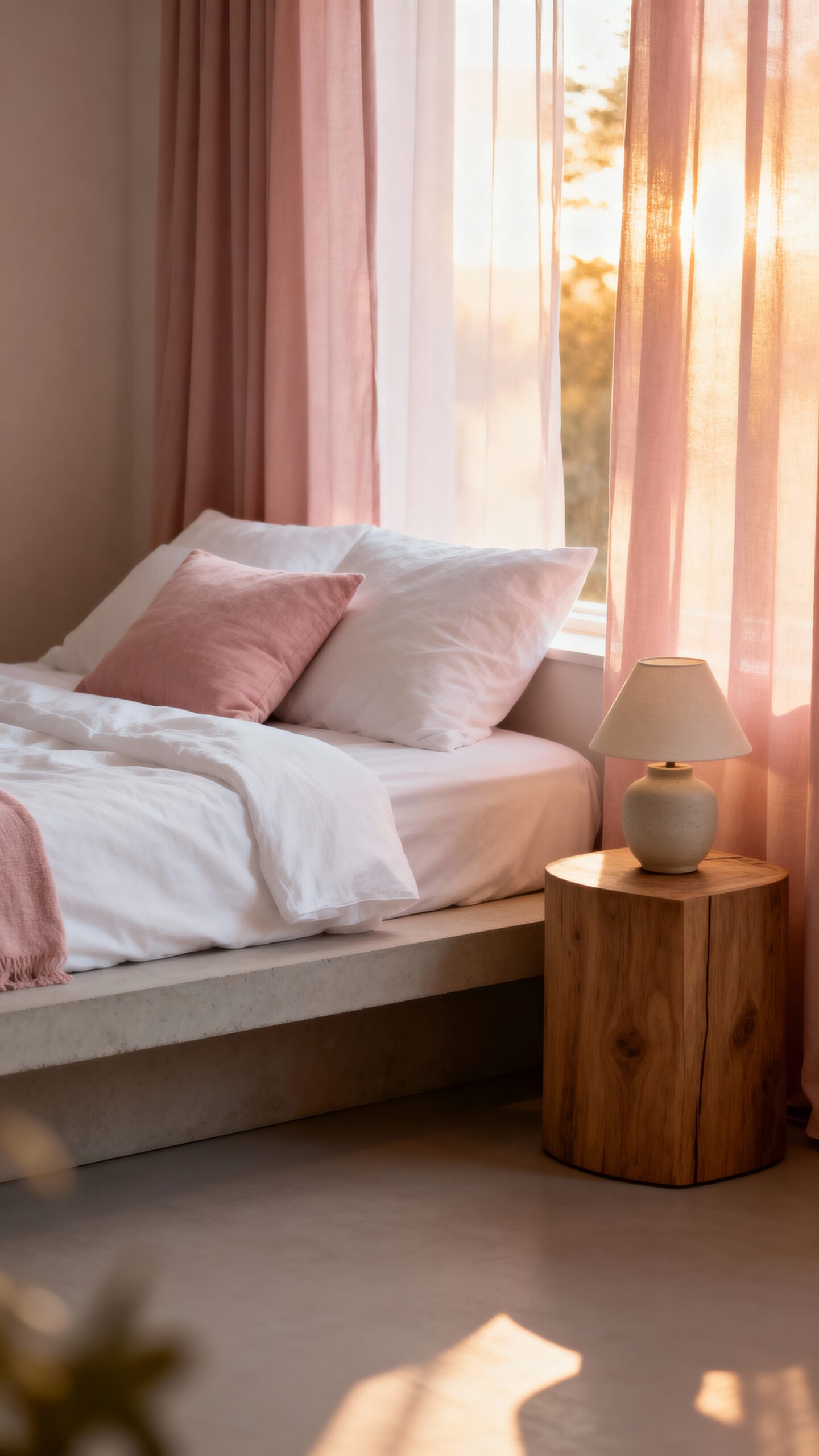 serene scandinavian bedroom featuring pink accents